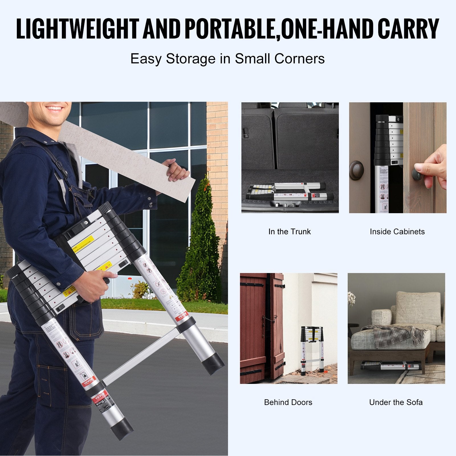 Automotive Lifts & Hoists: VEVOR Telescoping Extension Ladder 8.5FT One-button Retraction 375 LBS Capacity