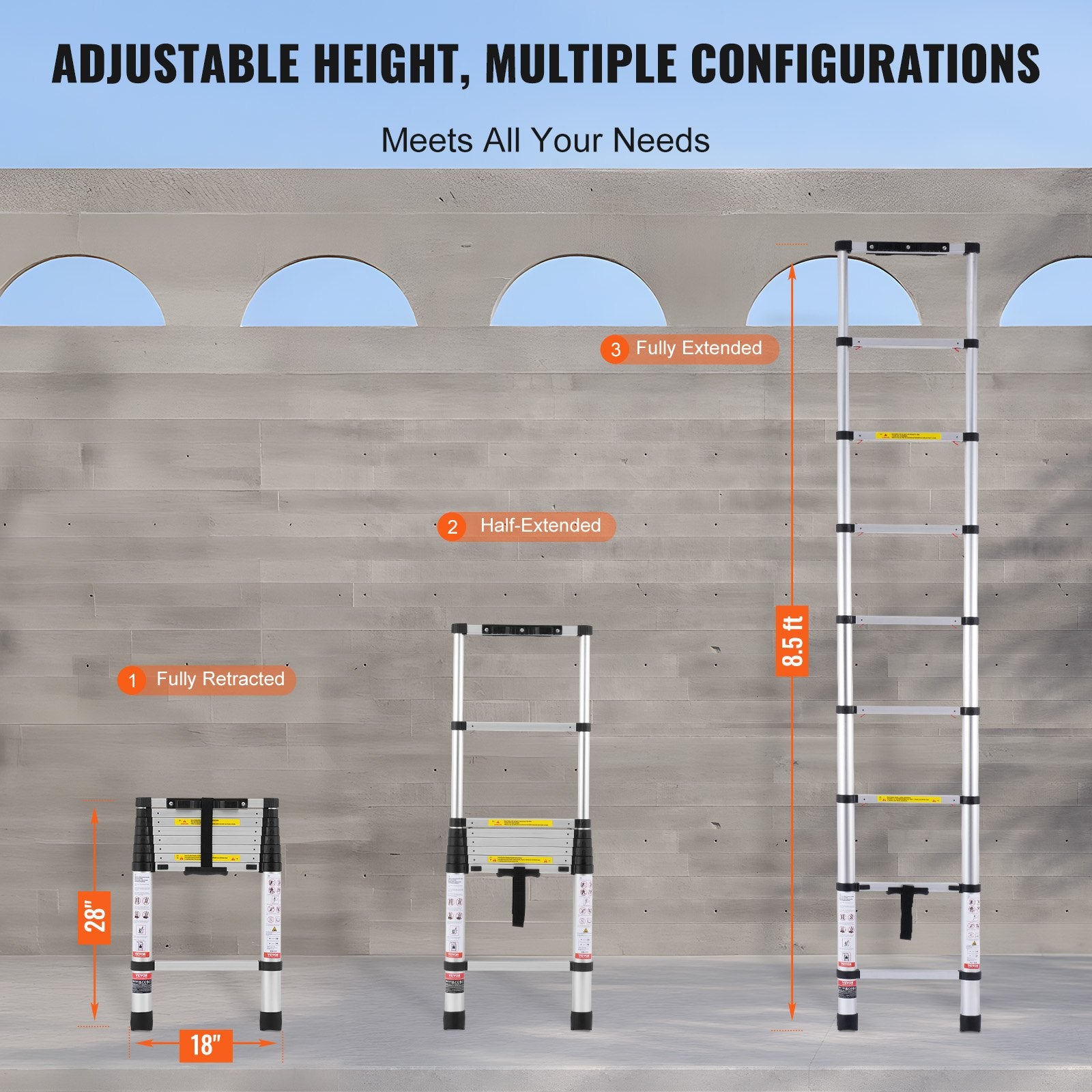 Automotive Lifts & Hoists: VEVOR Telescoping Extension Ladder 8.5FT One-button Retraction 375 LBS Capacity