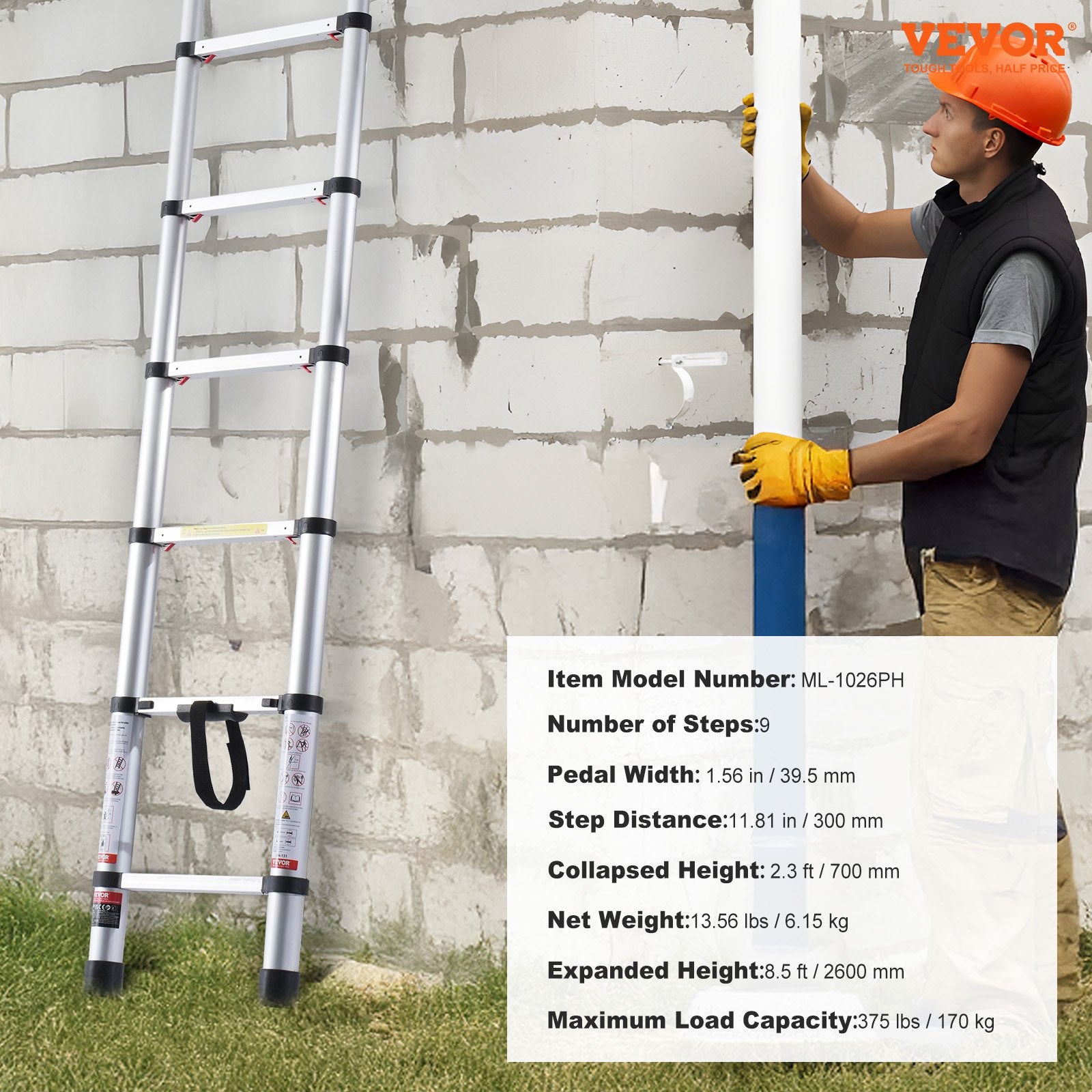 Automotive Lifts & Hoists: VEVOR Telescoping Extension Ladder 8.5FT One-button Retraction 375 LBS Capacity
