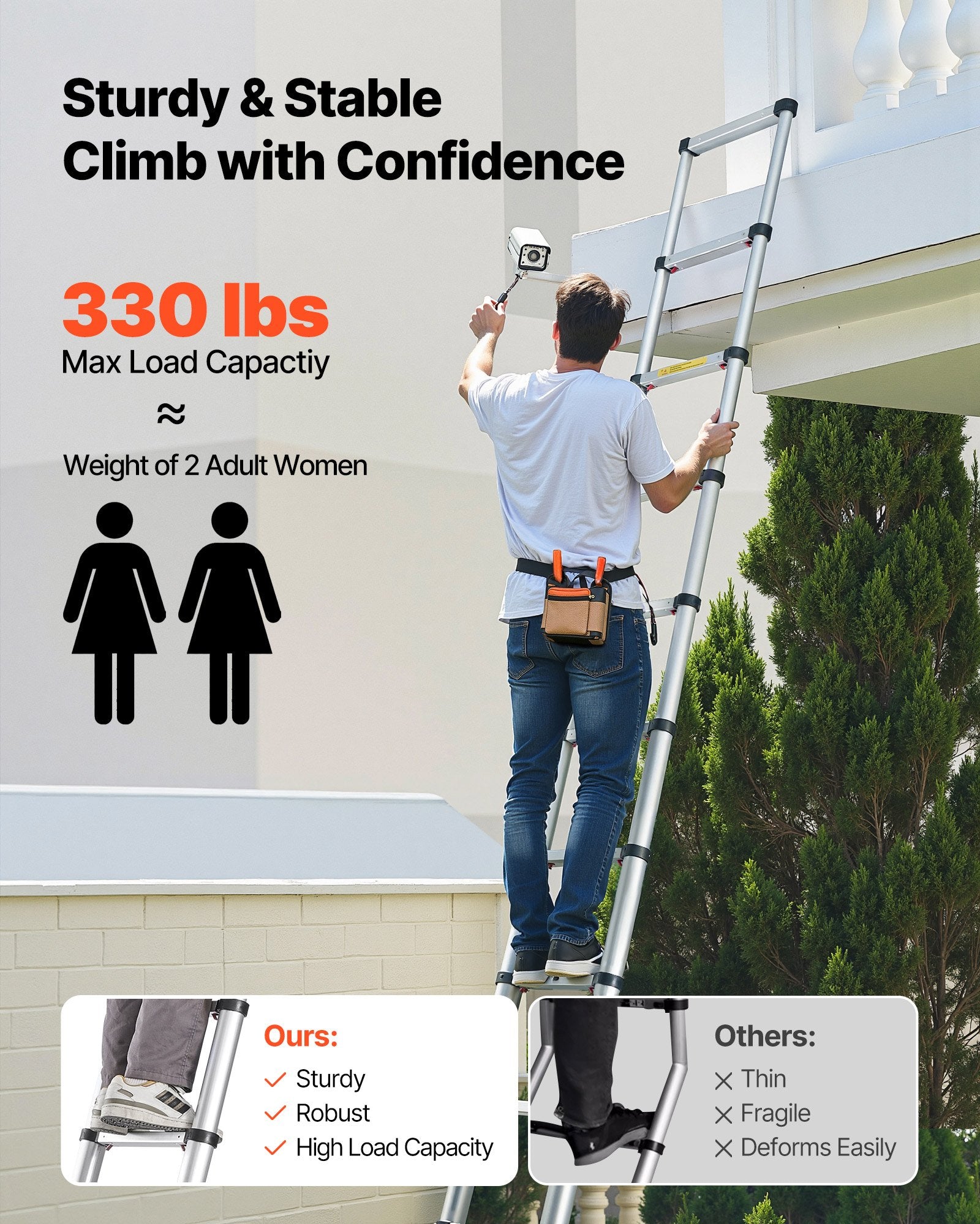 Dog Carriers & Crates: VEVOR 3.8m Telescoping Ladder, Aluminum Lightweight Multi-Purpose Collapsible Extension, One-Touch Retraction Ladder, Heavy Duty 150kg Max Capacity with Non-Slip Feet, for Home, Outdoor Work, Loft