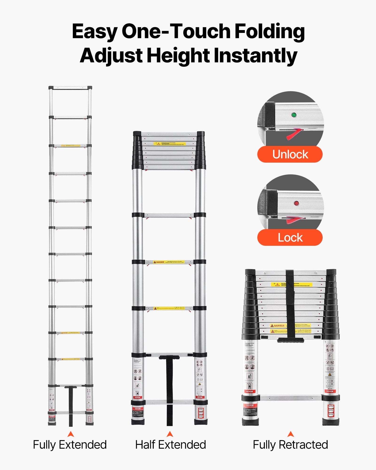 Dog Carriers & Crates: VEVOR 3.8m Telescoping Ladder, Aluminum Lightweight Multi-Purpose Collapsible Extension, One-Touch Retraction Ladder, Heavy Duty 150kg Max Capacity with Non-Slip Feet, for Home, Outdoor Work, Loft