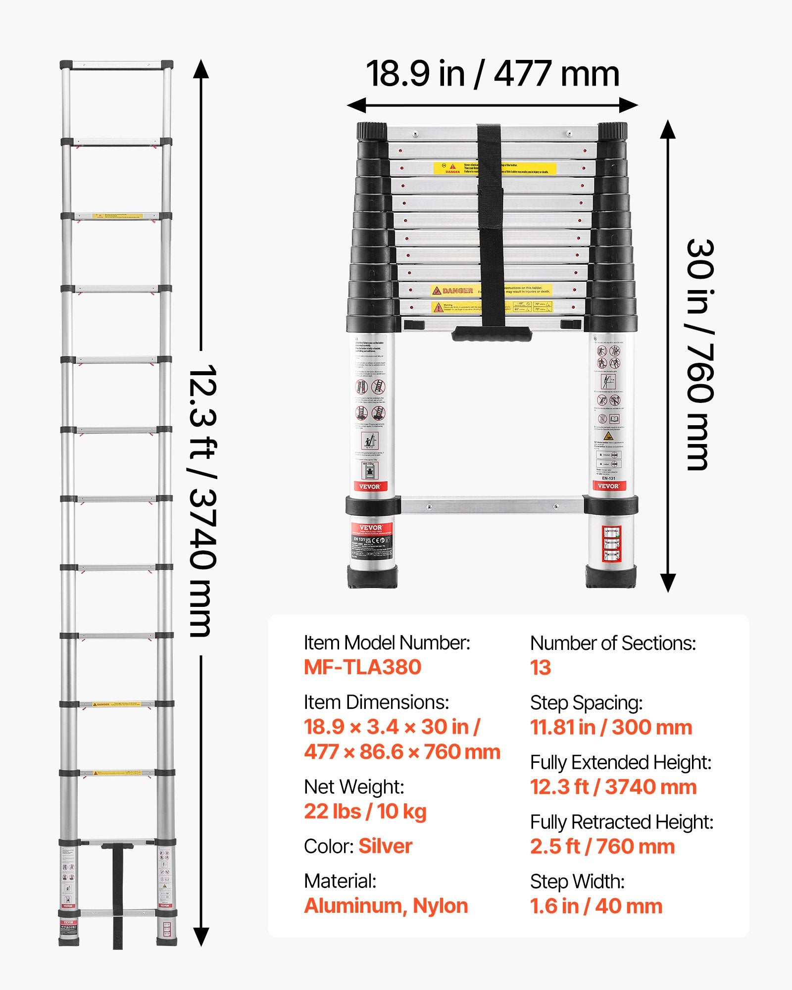 Dog Carriers & Crates: VEVOR 3.8m Telescoping Ladder, Aluminum Lightweight Multi-Purpose Collapsible Extension, One-Touch Retraction Ladder, Heavy Duty 150kg Max Capacity with Non-Slip Feet, for Home, Outdoor Work, Loft