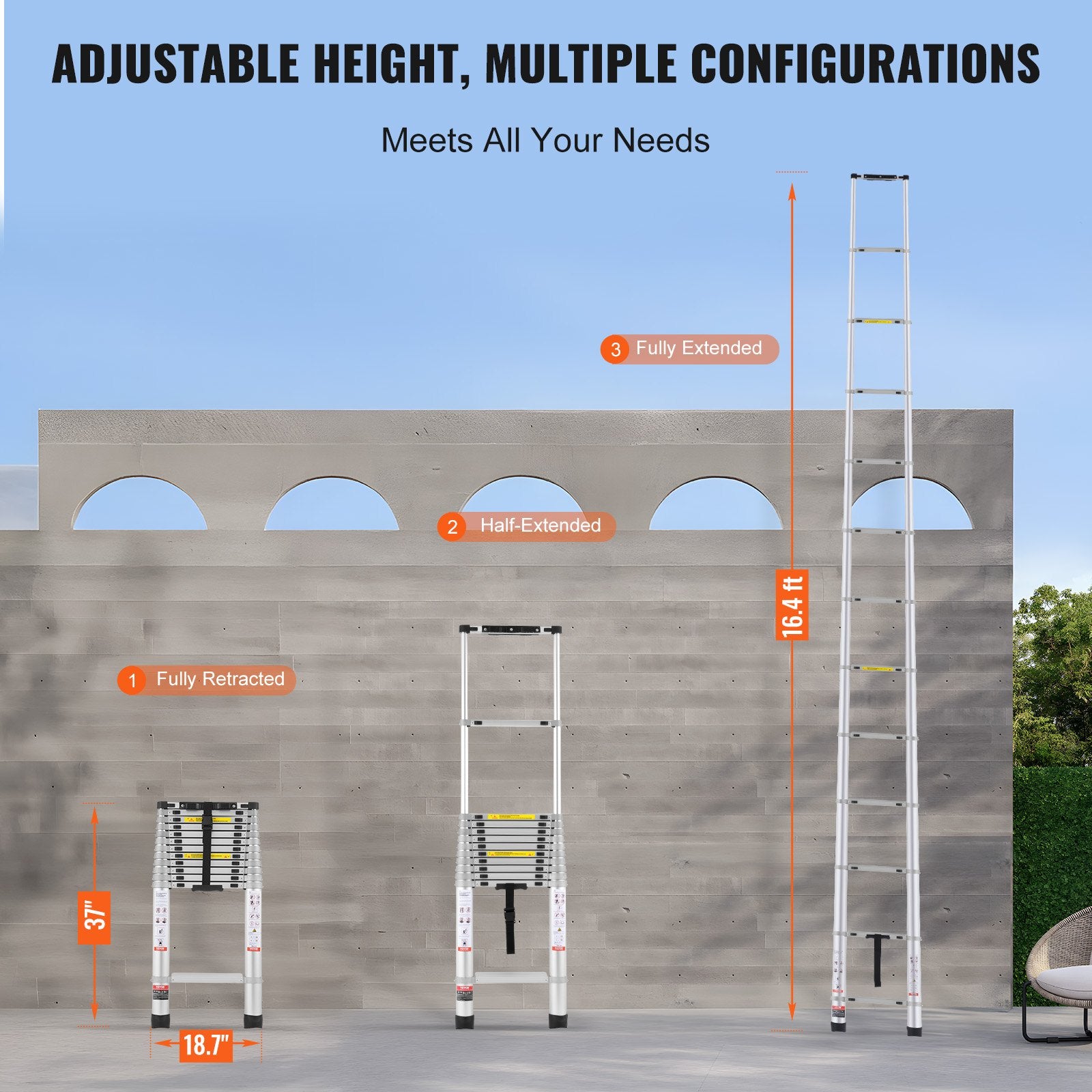 Automotive Lifts & Hoists: VEVOR Telescoping Extension Ladder 16.5FT Multi-button Retraction 419 LBS