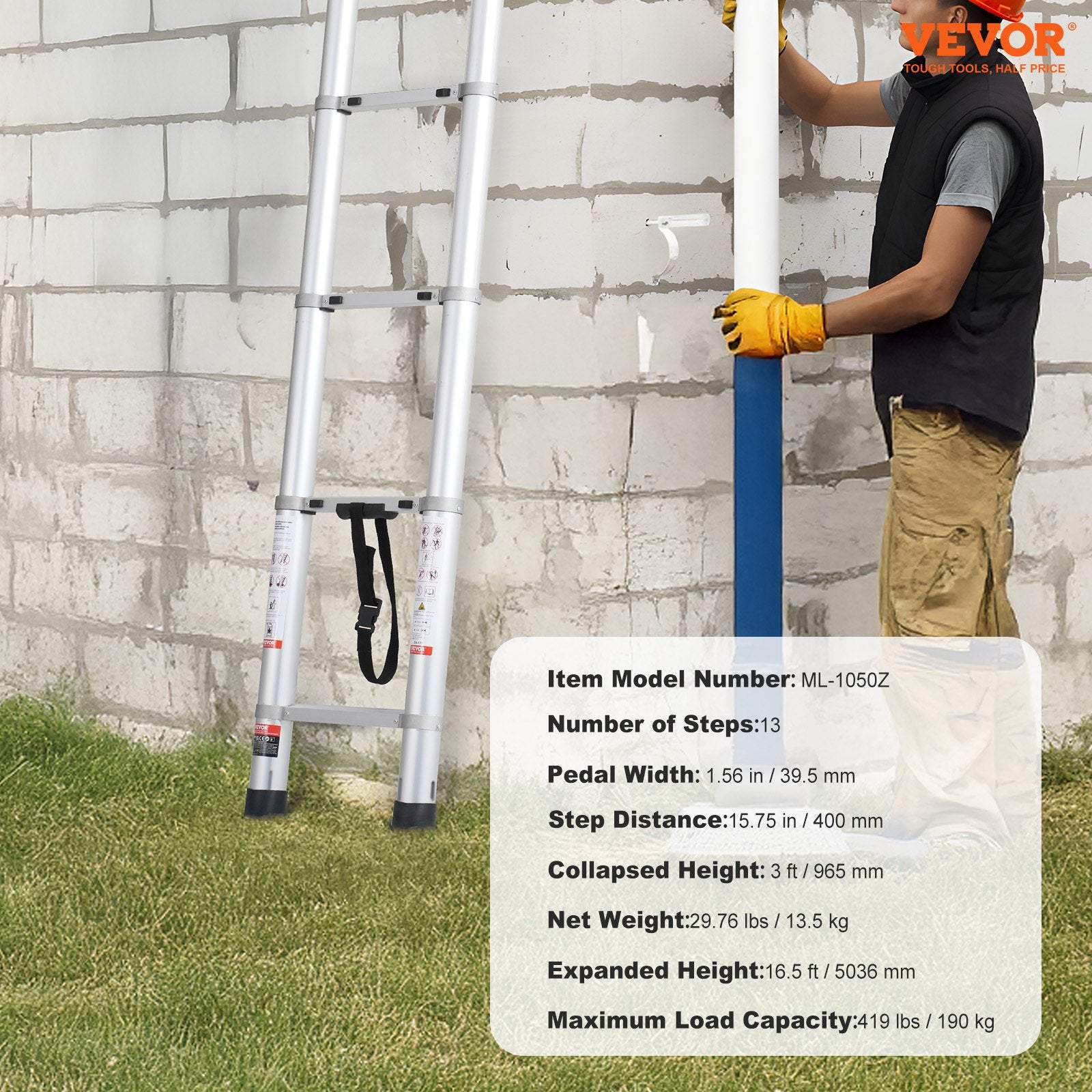 Automotive Lifts & Hoists: VEVOR Telescoping Extension Ladder 16.5FT Multi-button Retraction 419 LBS