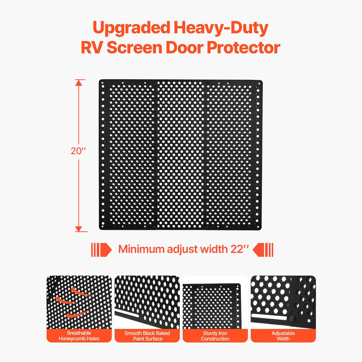 RV Screen Door Protector, Adjusts from 558.8 – 800 mm, Adjustable Door Grille, Easy to Install, Reinforced Breathable Honeycomb Holes, Iron Camper RV Entry Protector for Pet Protection, Black
