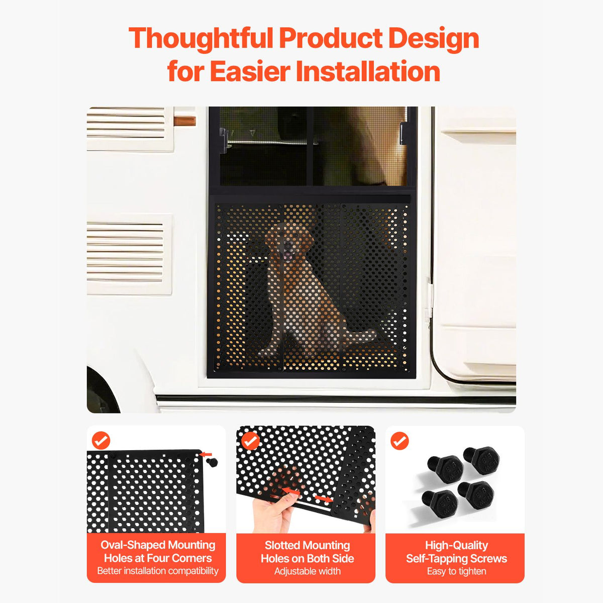 RV Screen Door Protector, Adjusts from 558.8 – 800 mm, Adjustable Door Grille, Easy to Install, Reinforced Breathable Honeycomb Holes, Iron Camper RV Entry Protector for Pet Protection, Black