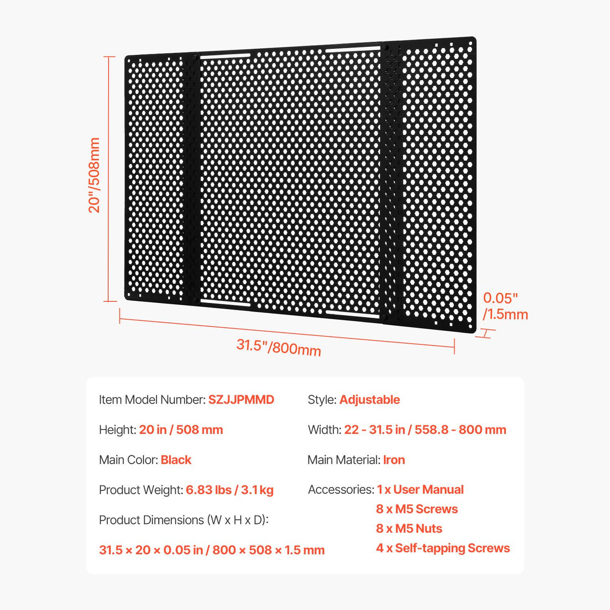 RV Screen Door Protector, Adjusts from 558.8 – 800 mm, Adjustable Door Grille, Easy to Install, Reinforced Breathable Honeycomb Holes, Iron Camper RV Entry Protector for Pet Protection, Black