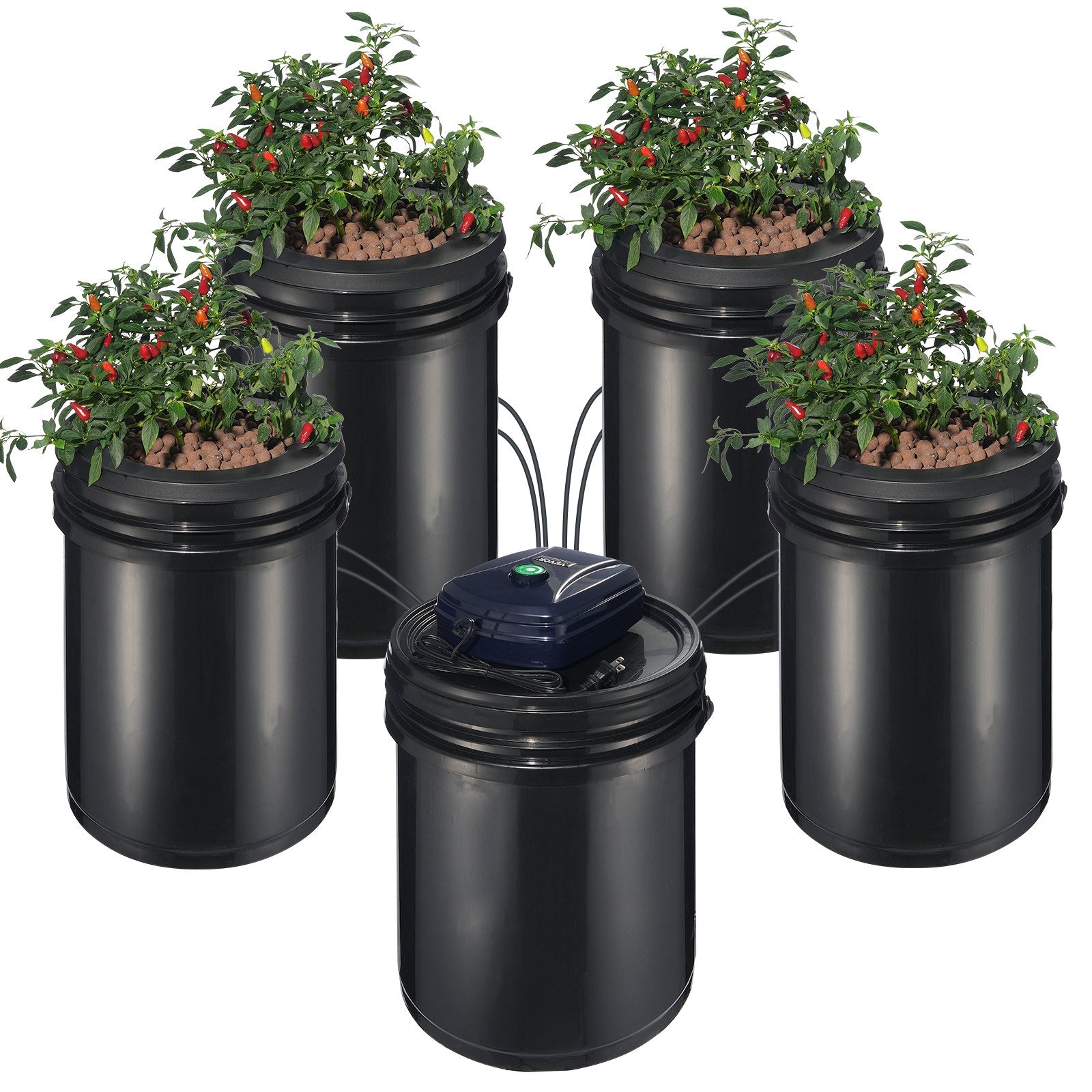 Gardening Tools: VEVOR RDWC Hydroponics Grow System, Hydroponic Growing Kit with Top Drip, Recirculating Deep Water Culture 4 Buckles and 1 Reservoir, with Air Pump and Water Level Device for Leafy Vegetables