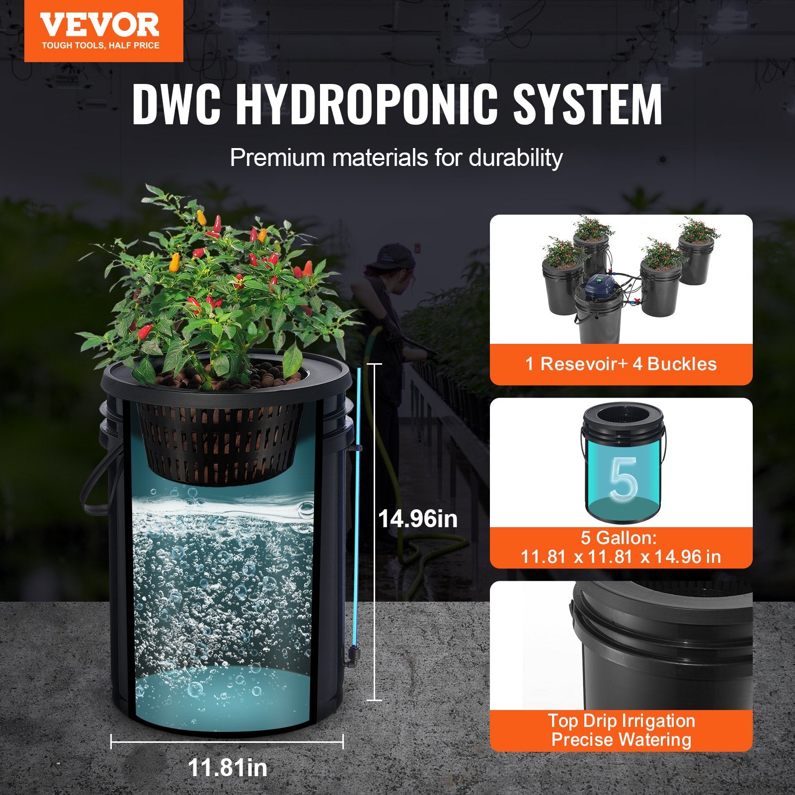 Gardening Tools: VEVOR RDWC Hydroponics Grow System, Hydroponic Growing Kit with Top Drip, Recirculating Deep Water Culture 4 Buckles and 1 Reservoir, with Air Pump and Water Level Device for Leafy Vegetables
