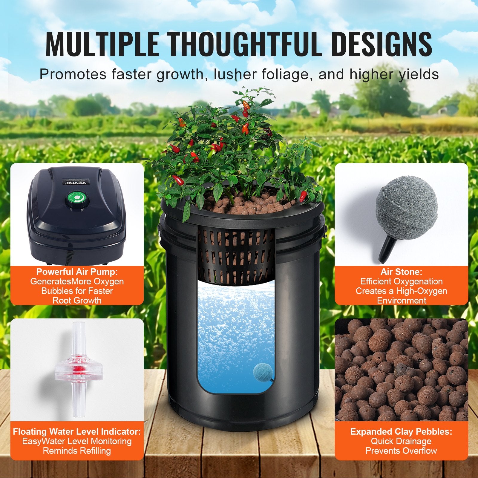 Gardening Tools: VEVOR RDWC Hydroponics Grow System, Hydroponic Growing Kit with Top Drip, Recirculating Deep Water Culture 4 Buckles and 1 Reservoir, with Air Pump and Water Level Device for Leafy Vegetables