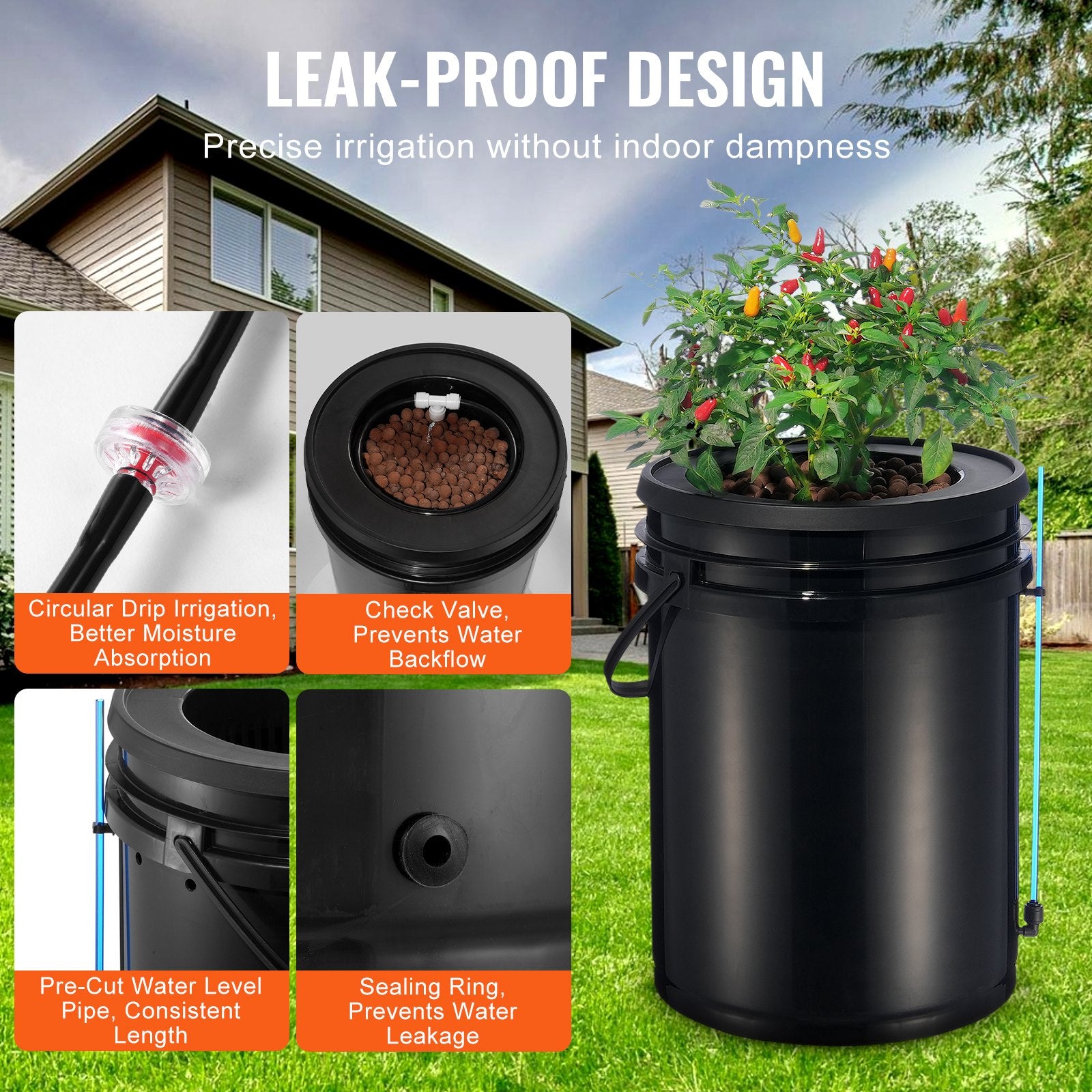 Gardening Tools: VEVOR RDWC Hydroponics Grow System, Hydroponic Growing Kit with Top Drip, Recirculating Deep Water Culture 4 Buckles and 1 Reservoir, with Air Pump and Water Level Device for Leafy Vegetables