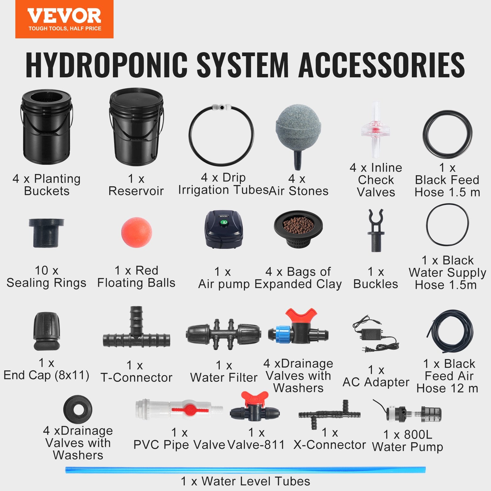 Gardening Tools: VEVOR RDWC Hydroponics Grow System, Hydroponic Growing Kit with Top Drip, Recirculating Deep Water Culture 4 Buckles and 1 Reservoir, with Air Pump and Water Level Device for Leafy Vegetables