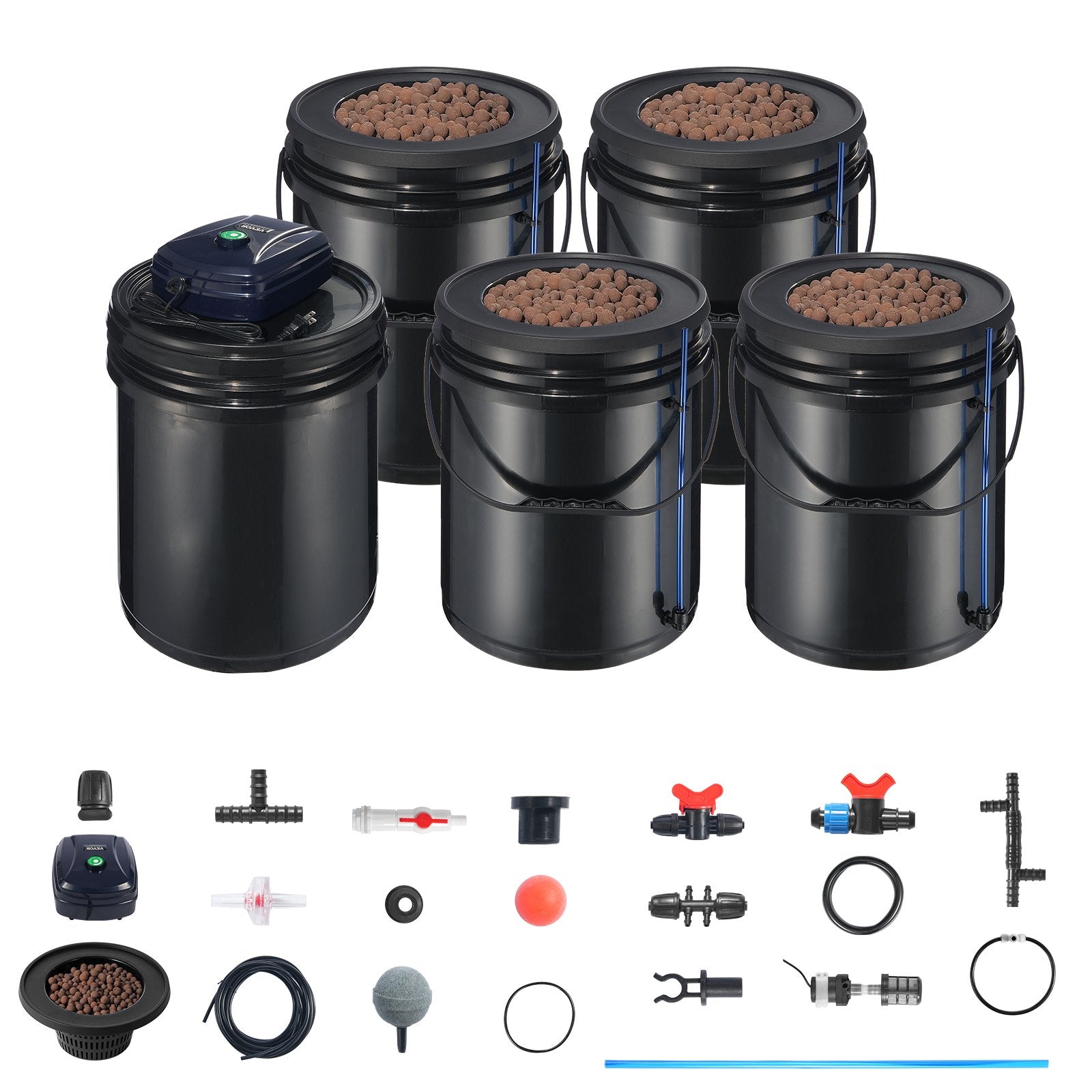 Gardening Tools: VEVOR RDWC Hydroponics Grow System, Hydroponic Growing Kit with Top Drip, Recirculating Deep Water Culture 4 Buckles and 1 Reservoir, with Air Pump and Water Level Device for Leafy Vegetables