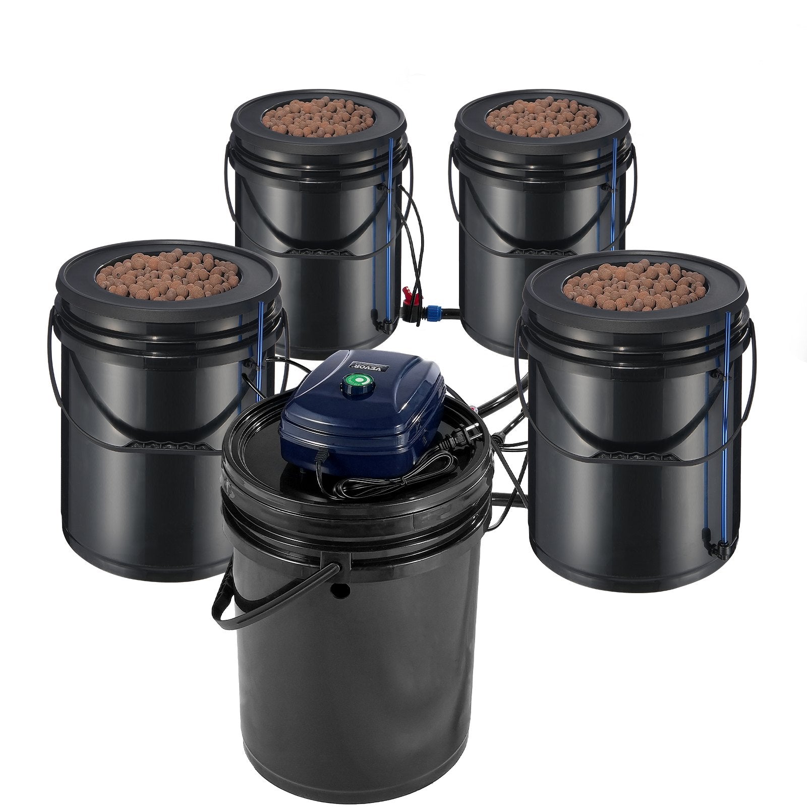 Gardening Tools: VEVOR RDWC Hydroponics Grow System, Hydroponic Growing Kit with Top Drip, Recirculating Deep Water Culture 4 Buckles and 1 Reservoir, with Air Pump and Water Level Device for Leafy Vegetables