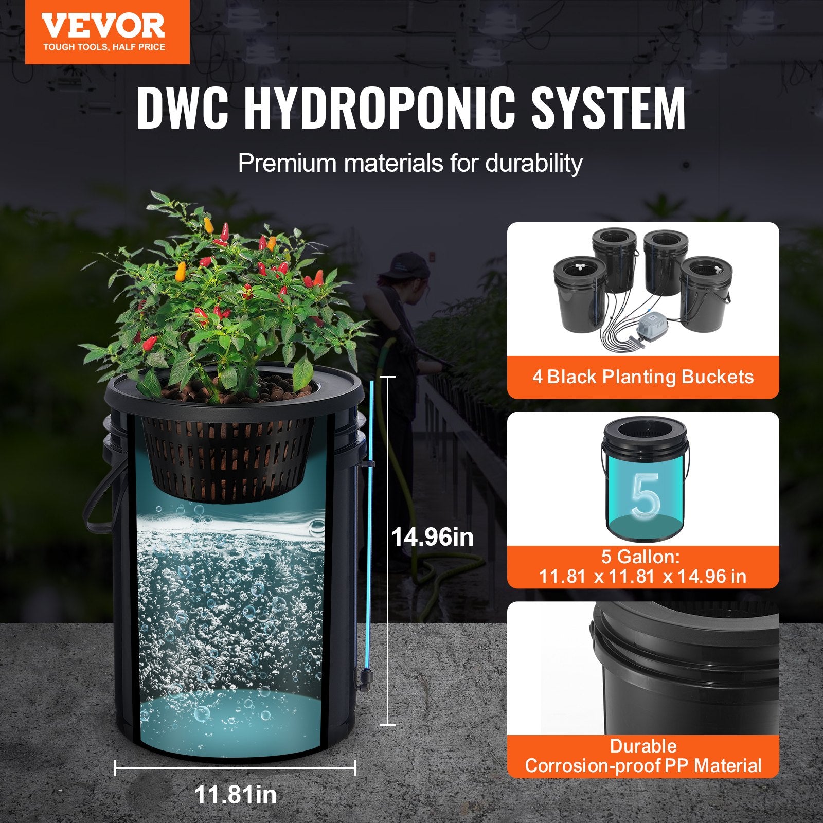 Gardening Tools: VEVOR DWC Hydroponics Grow System Deep Water Culture with Top Drip 4 Buckets