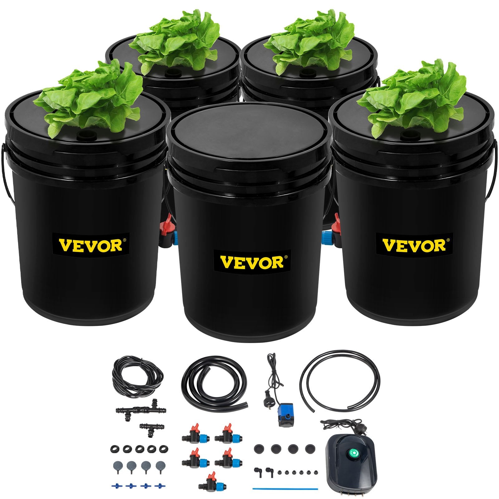 Gardening Tools: VEVOR DWC Hydroponic System, 5 Gallon 5 Buckets, Deep Water Culture Growing Bucket, Hydroponics Grow Kit with Pump, Air Stone and Connected Reservoir, for Indoor/Outdoor Leafy Vegetables