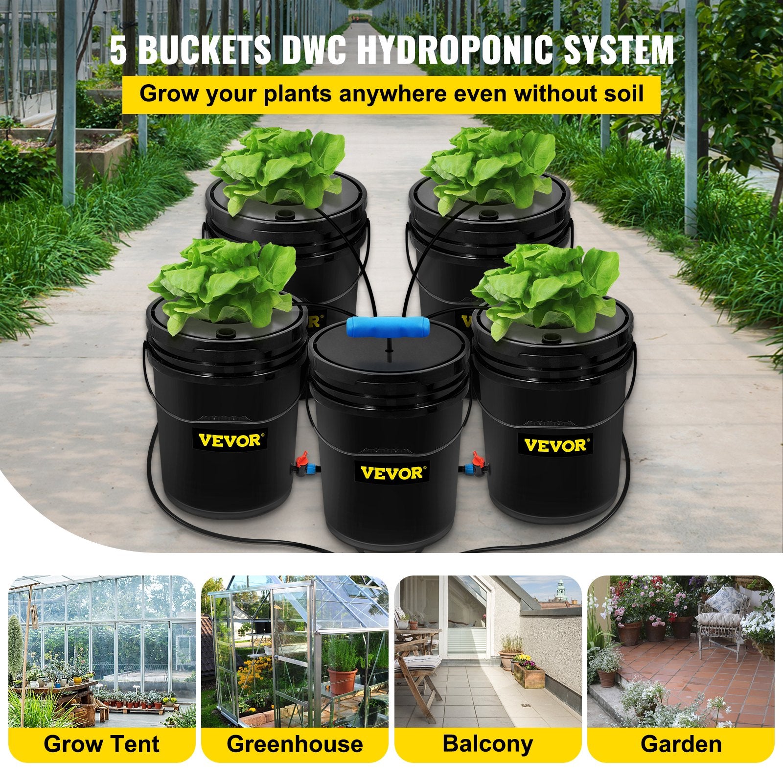 Gardening Tools: VEVOR DWC Hydroponic System, 5 Gallon 5 Buckets, Deep Water Culture Growing Bucket, Hydroponics Grow Kit with Pump, Air Stone and Connected Reservoir, for Indoor/Outdoor Leafy Vegetables