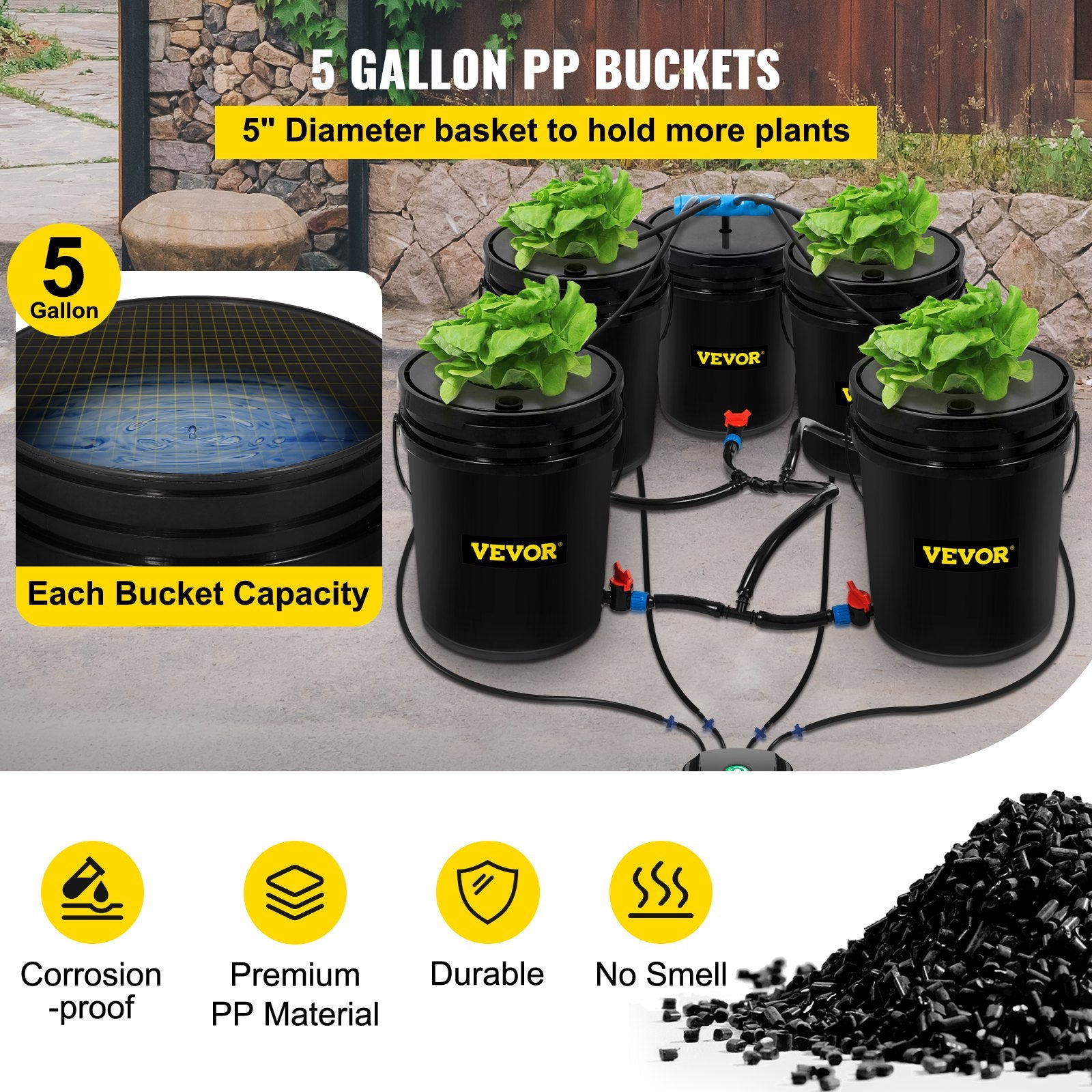 Gardening Tools: VEVOR DWC Hydroponic System, 5 Gallon 5 Buckets, Deep Water Culture Growing Bucket, Hydroponics Grow Kit with Pump, Air Stone and Connected Reservoir, for Indoor/Outdoor Leafy Vegetables