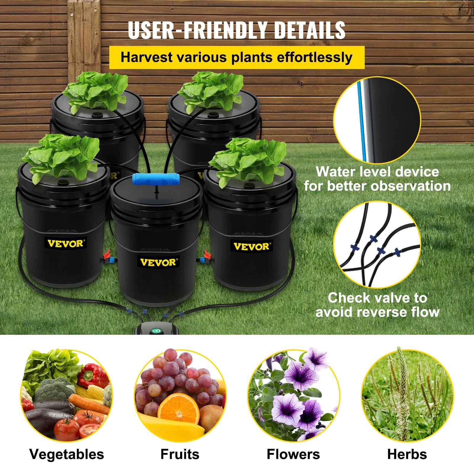 Gardening Tools: VEVOR DWC Hydroponic System, 5 Gallon 5 Buckets, Deep Water Culture Growing Bucket, Hydroponics Grow Kit with Pump, Air Stone and Connected Reservoir, for Indoor/Outdoor Leafy Vegetables