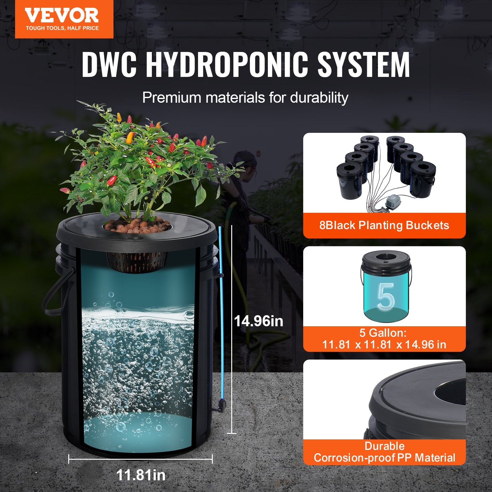 Gardening Tools: VEVOR DWC Hydroponics Grow System Deep Water Culture 8 Buckets with Air Pump