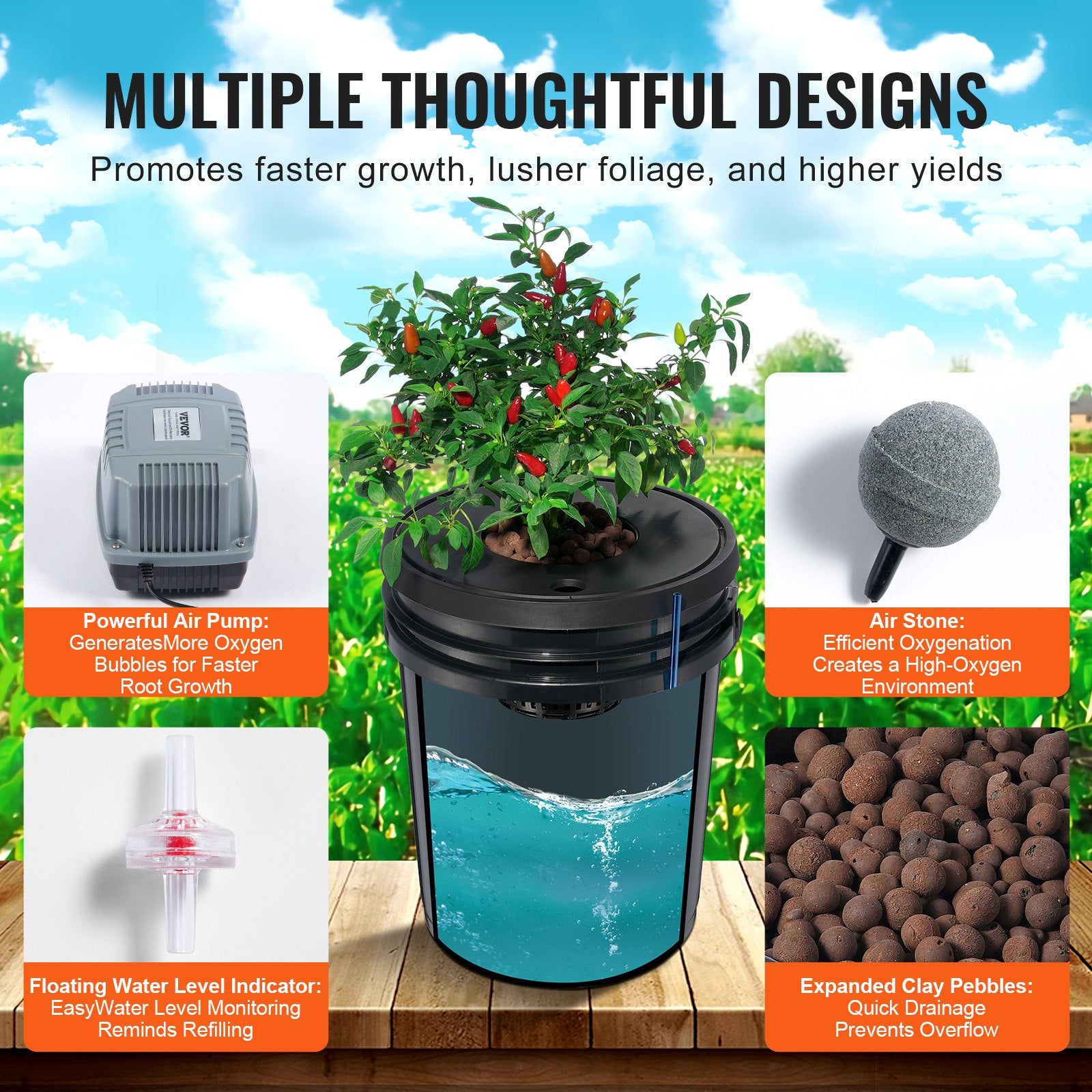 Gardening Tools: VEVOR DWC Hydroponics Grow System Deep Water Culture 8 Buckets with Air Pump