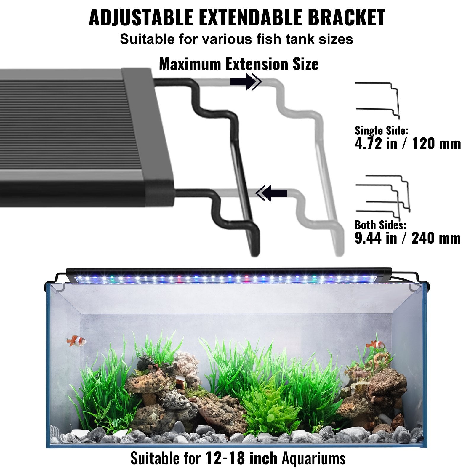 Gardening Tools: VEVOR Aquarium Light, 14W Full Spectrum Fish Tank Light with 24/7 Natural Mode, Adjustable Timer & 5-Level Brightness, with Aluminum Alloy Shell Extendable Brackets for 12"-18" Freshwater Planted Tank