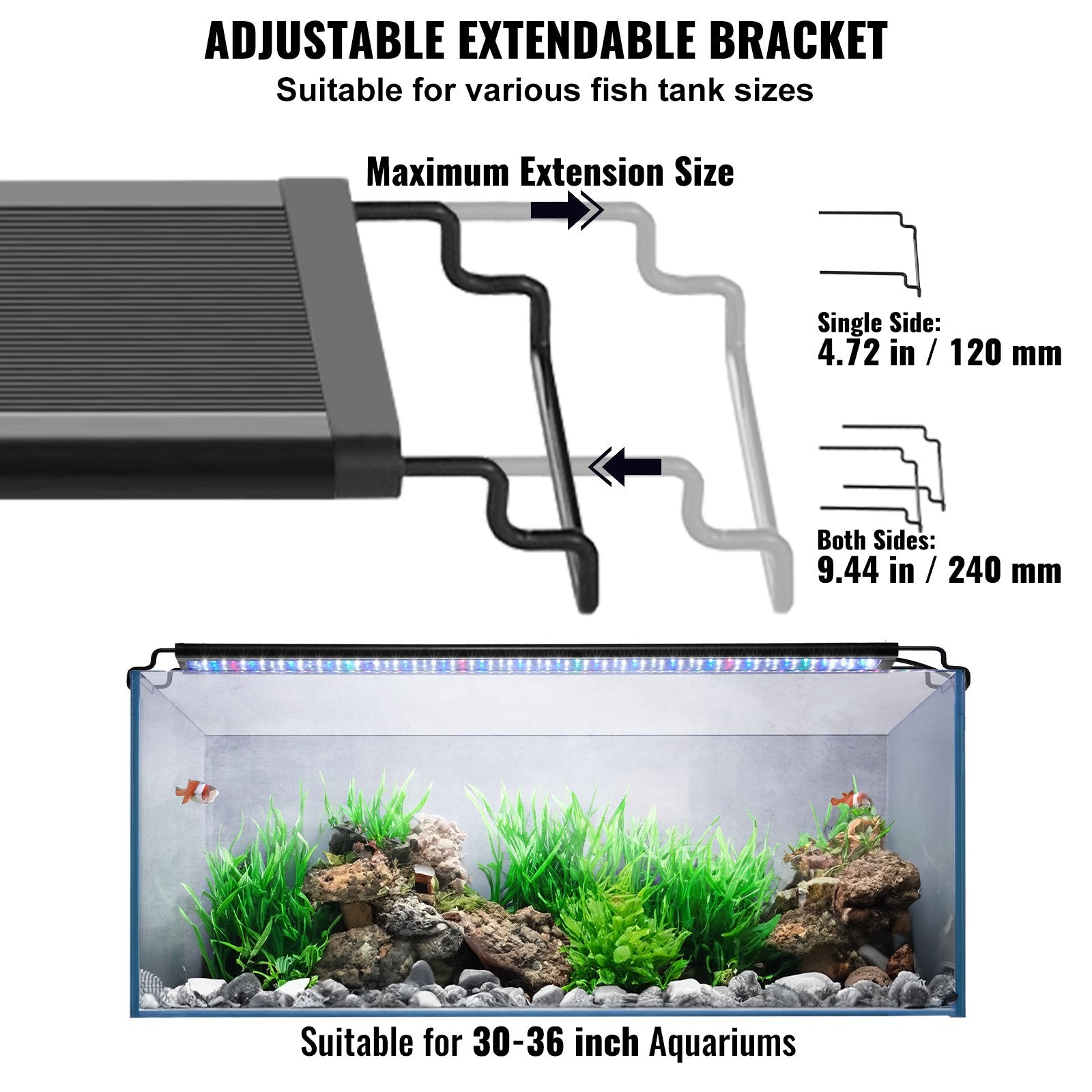 Gardening Tools: VEVOR Aquarium Light, 26W Full Spectrum Fish Tank Light with 24/7 Natural Mode, Adjustable Timer & 5-Level Brightness, with Aluminum Alloy Shell Extendable Brackets for 30"-36" Freshwater Planted Tank