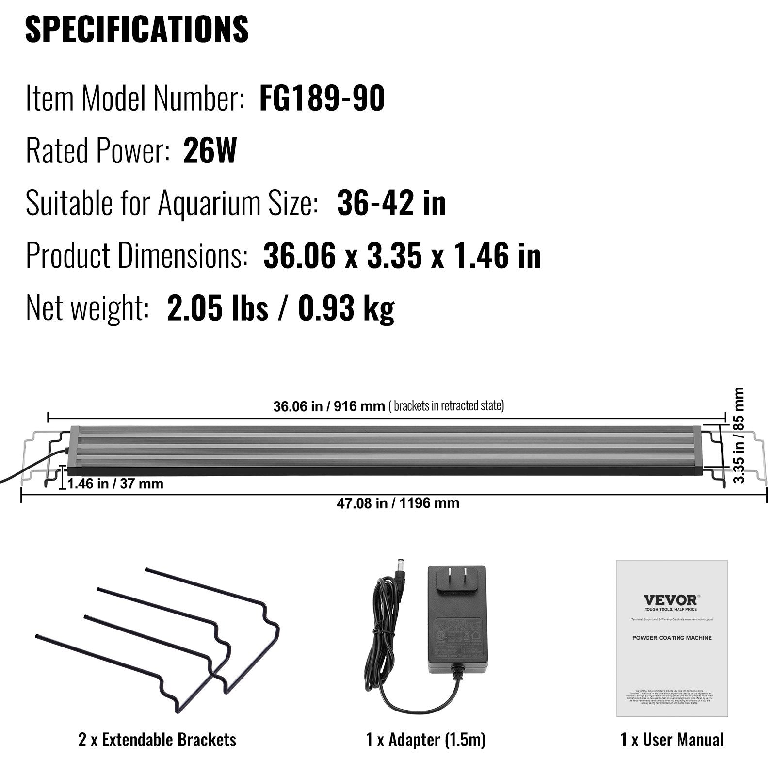 Aquarium Lighting: VEVOR Aquarium Light 26W Full Spectrum Aquarium LED Lights for 36"-42" Fish Tank