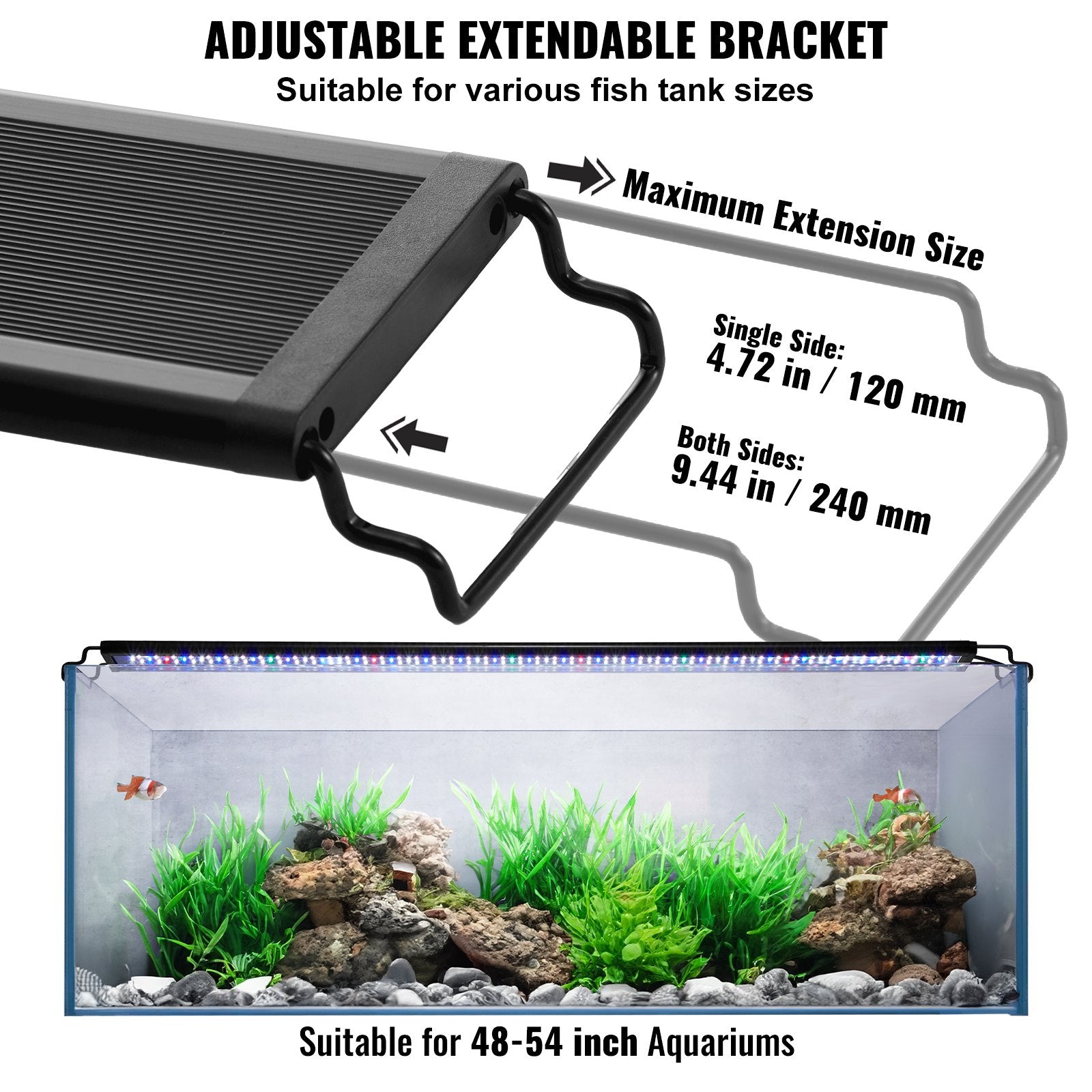 Aquarium Light, 48W Full Spectrum Fish Tank Light with 24/7 Natural Mode, Adjustable Timer & 5-Level Brightness, with Aluminum Alloy Shell Extendable Brackets for 48"-54" Freshwater Planted Tank