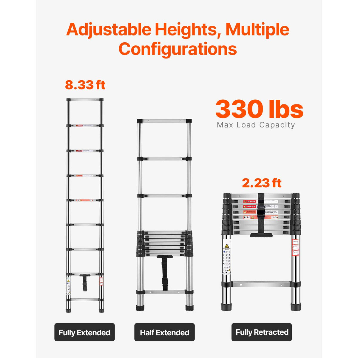 Telescoping Ladder, 2540mm Stainless Steel Lightweight Extension Ladder, Multi-Button Retraction Collapsible Ladders, 150 kg Capacity & Non-Slip Feet, Portable 9-Step Ladders for Home RV Loft