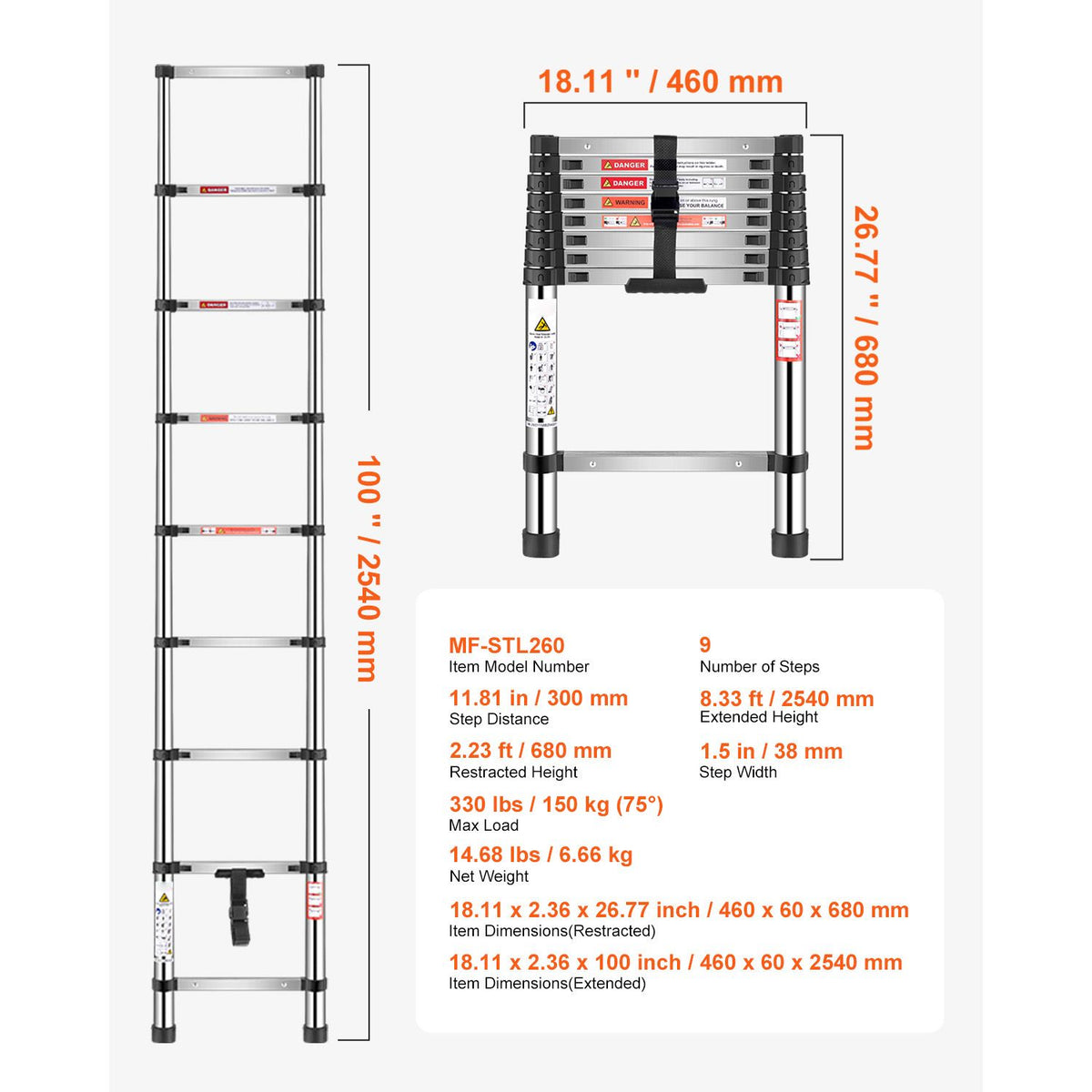 Telescoping Ladder, 2540mm Stainless Steel Lightweight Extension Ladder, Multi-Button Retraction Collapsible Ladders, 150 kg Capacity & Non-Slip Feet, Portable 9-Step Ladders for Home RV Loft