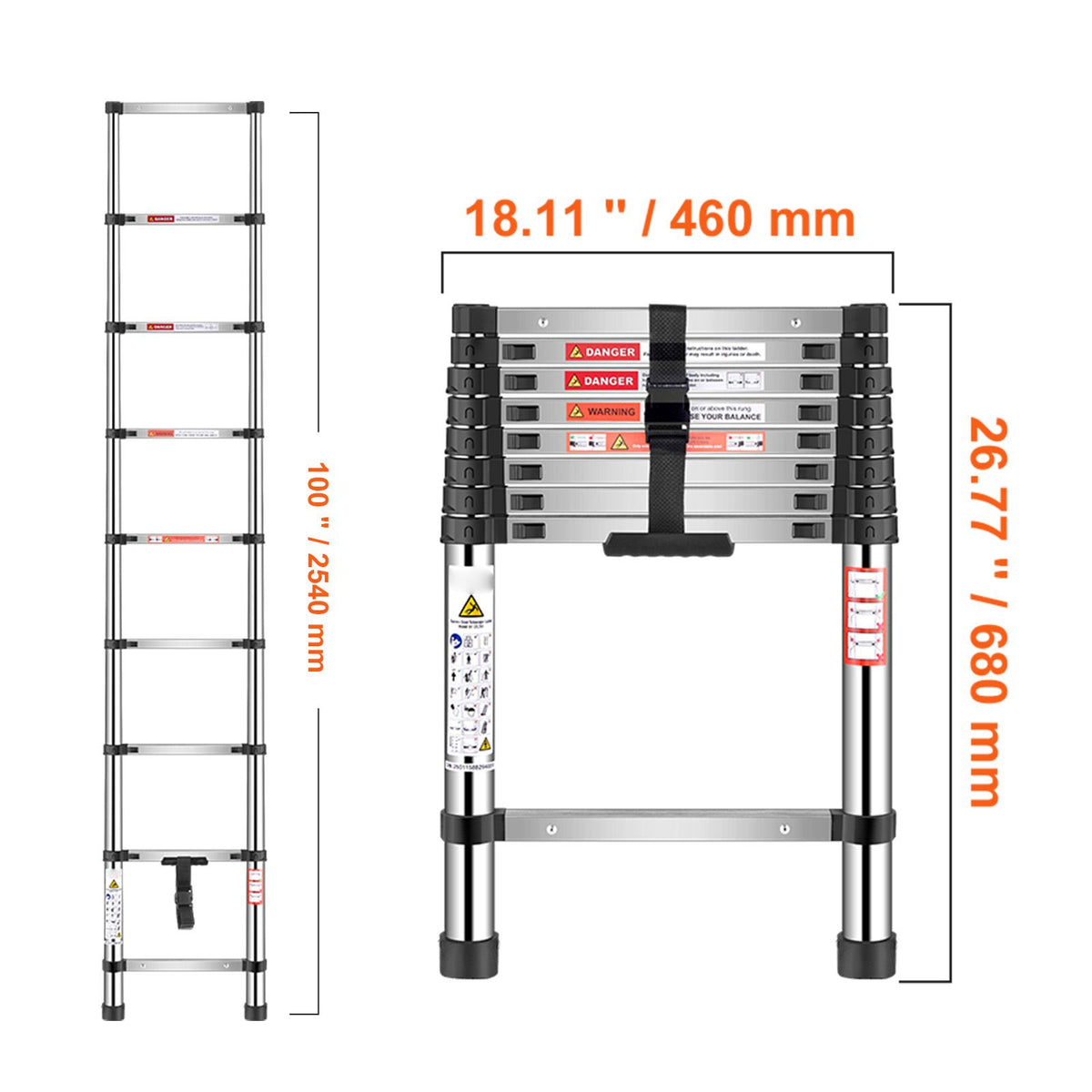 Telescoping Ladder, 2540mm Stainless Steel Lightweight Extension Ladder, Multi-Button Retraction Collapsible Ladders, 150 kg Capacity & Non-Slip Feet, Portable 9-Step Ladders for Home RV Loft