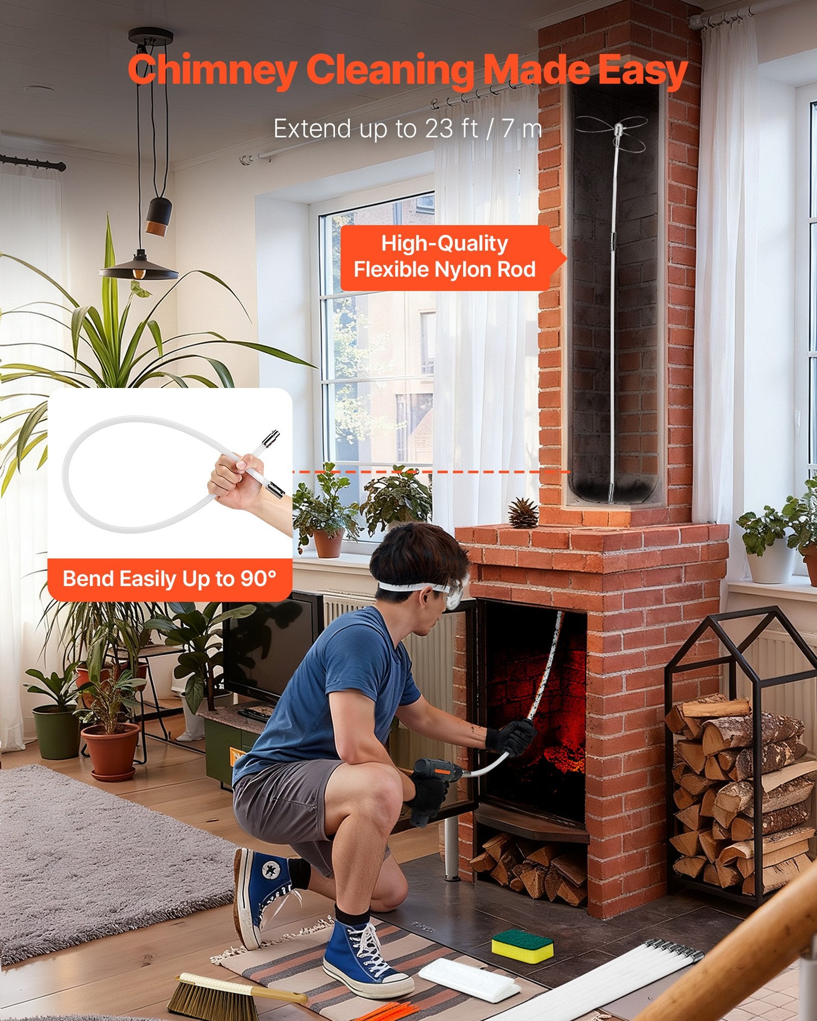Vitamins & Supplements: VEVOR Chimney Sweep Kit, 7m Maximum Extendable Length Chimney Brush, Chimney Cleaner Sweeper with Dual Brush Heads, Brush & Goggles, Fireplace Cleaning Tool for Square, Rectangle, Arch Chimneys