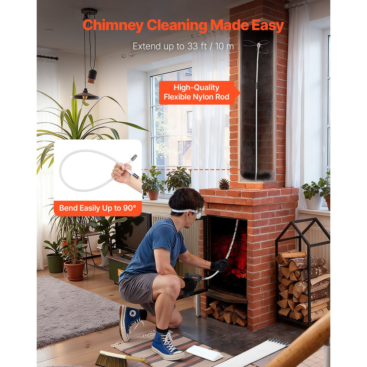 Chimney Sweep Kit, 9m Maximum Extendable Length Chimney Brush, Chimney Cleaner Sweeper with Dual Brush Heads, Brush & Goggles, Fireplace Cleaning Tool for Square, Rectangle, Arch Chimneys