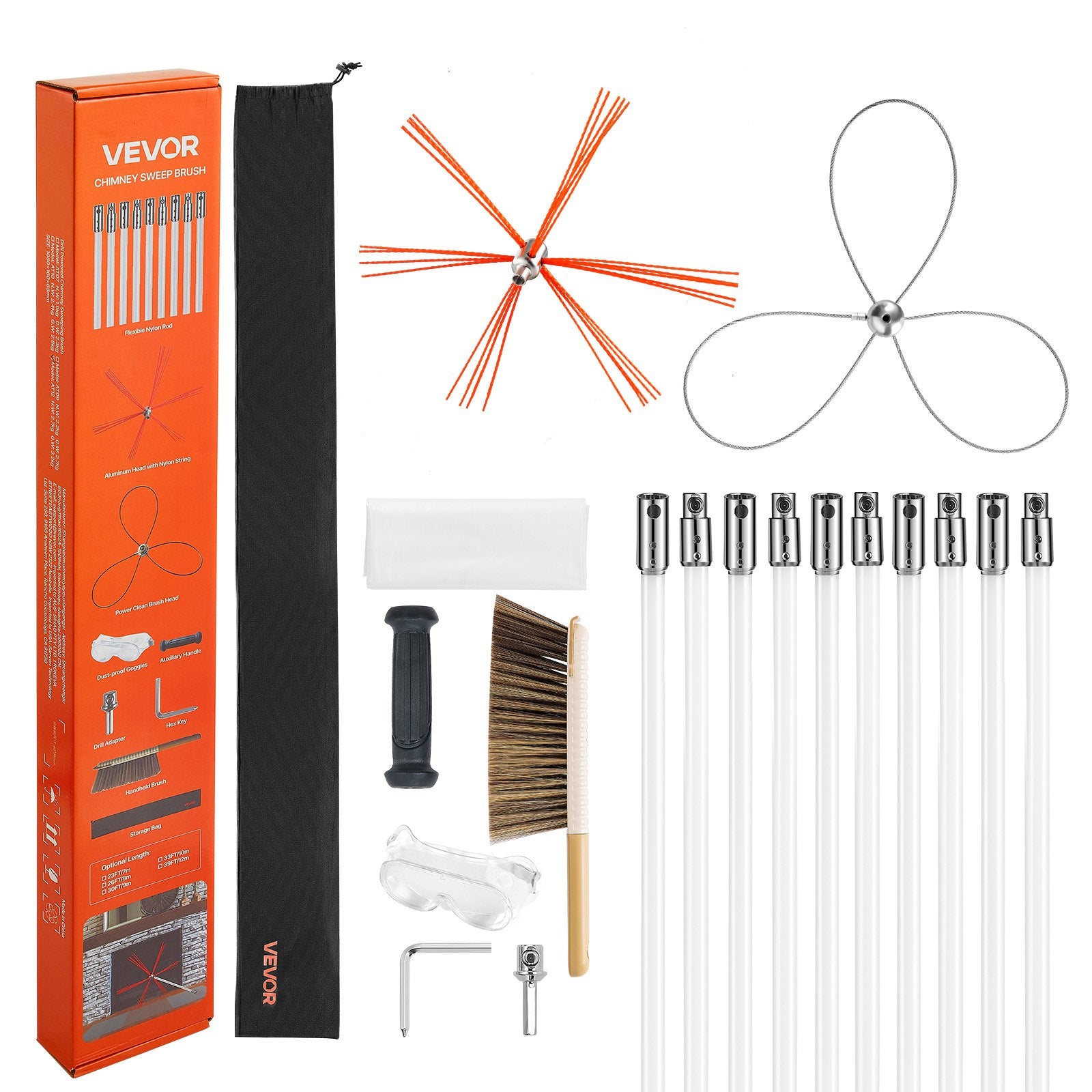 Vitamins & Supplements: VEVOR Chimney Sweep Kit, 10m Maximum Extendable Length Chimney Brush, Chimney Cleaner Sweeper with Dual Brush Heads, Brush & Goggles, Fireplace Cleaning Tool for Square, Rectangle, Arch Chimneys