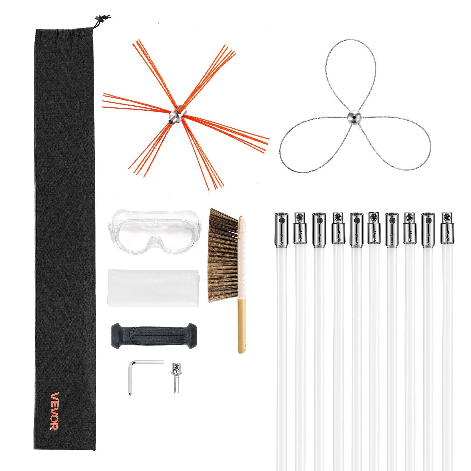 Vitamins & Supplements: VEVOR Chimney Sweep Kit, 10m Maximum Extendable Length Chimney Brush, Chimney Cleaner Sweeper with Dual Brush Heads, Brush & Goggles, Fireplace Cleaning Tool for Square, Rectangle, Arch Chimneys