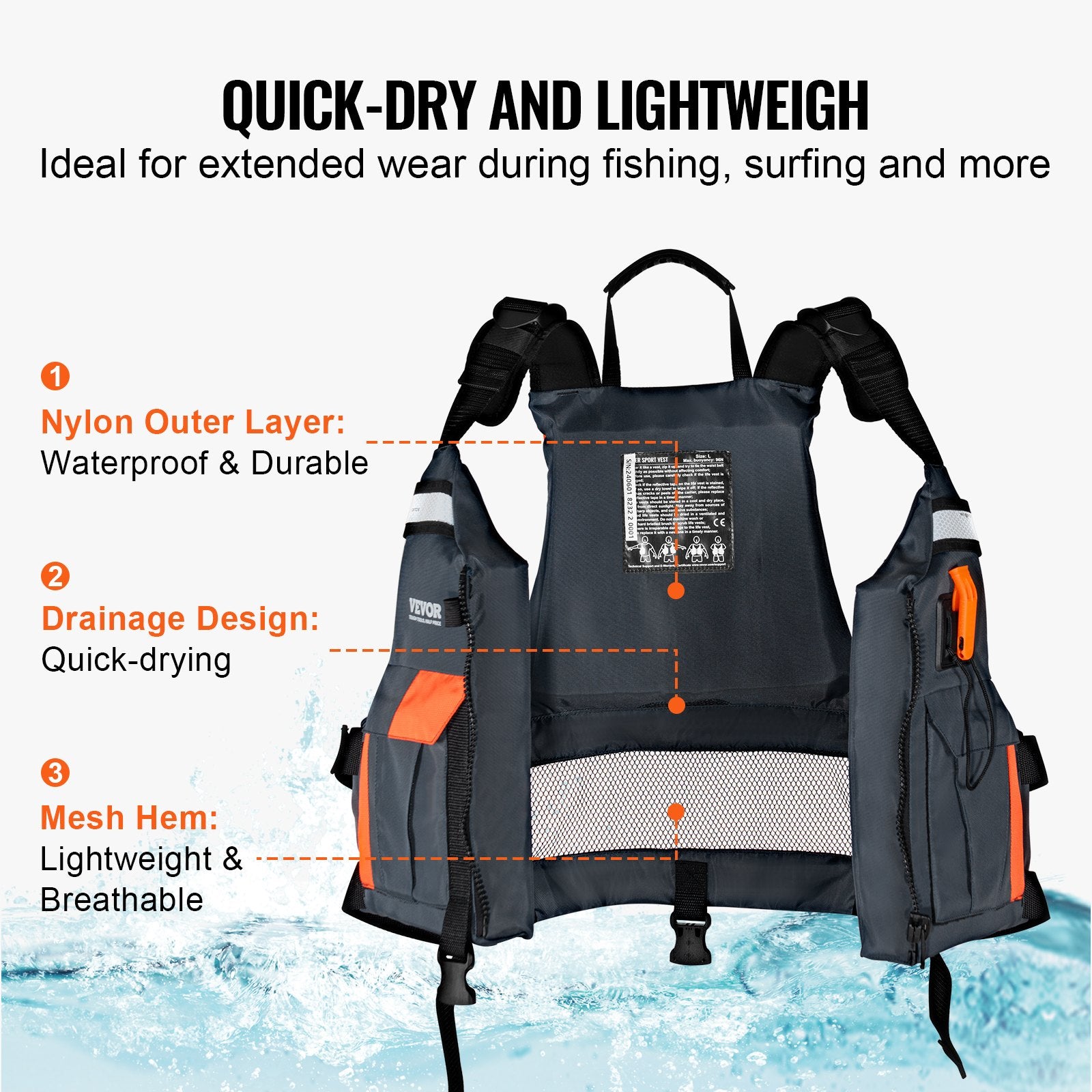 Life Jackets: VEVOR Life Vest for Watersports (PFD), Life Jacket with Waterproof Nylon & 96N Buoyancy, Life Vest/Jacket for Any Water Activity-Fishing, Kayaking, Surfing and More, Men and Women L