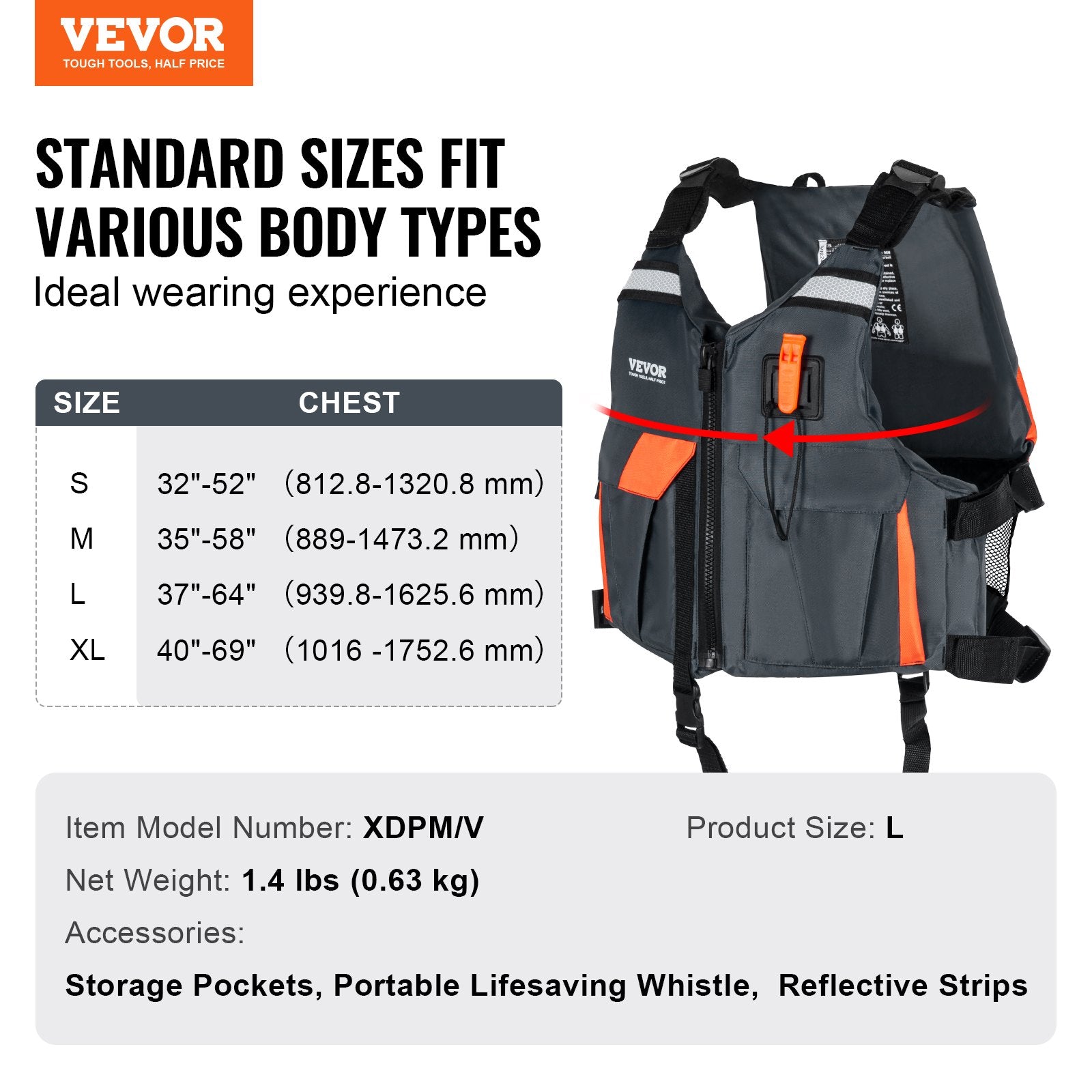 Life Jackets: VEVOR Life Vest for Watersports (PFD), Life Jacket with Waterproof Nylon & 96N Buoyancy, Life Vest/Jacket for Any Water Activity-Fishing, Kayaking, Surfing and More, Men and Women L