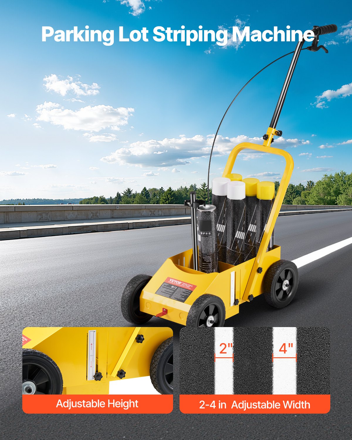 Label Makers: VEVOR Striping Line Marking Machine, 610 x 330 x 900 mm, 4-Wheel, Heavy Duty Striping Line Machine with 56-102 mm Adjustable Width, Make Clear Edge Line for Roads, Parking Lots, Sports Field, Yellow