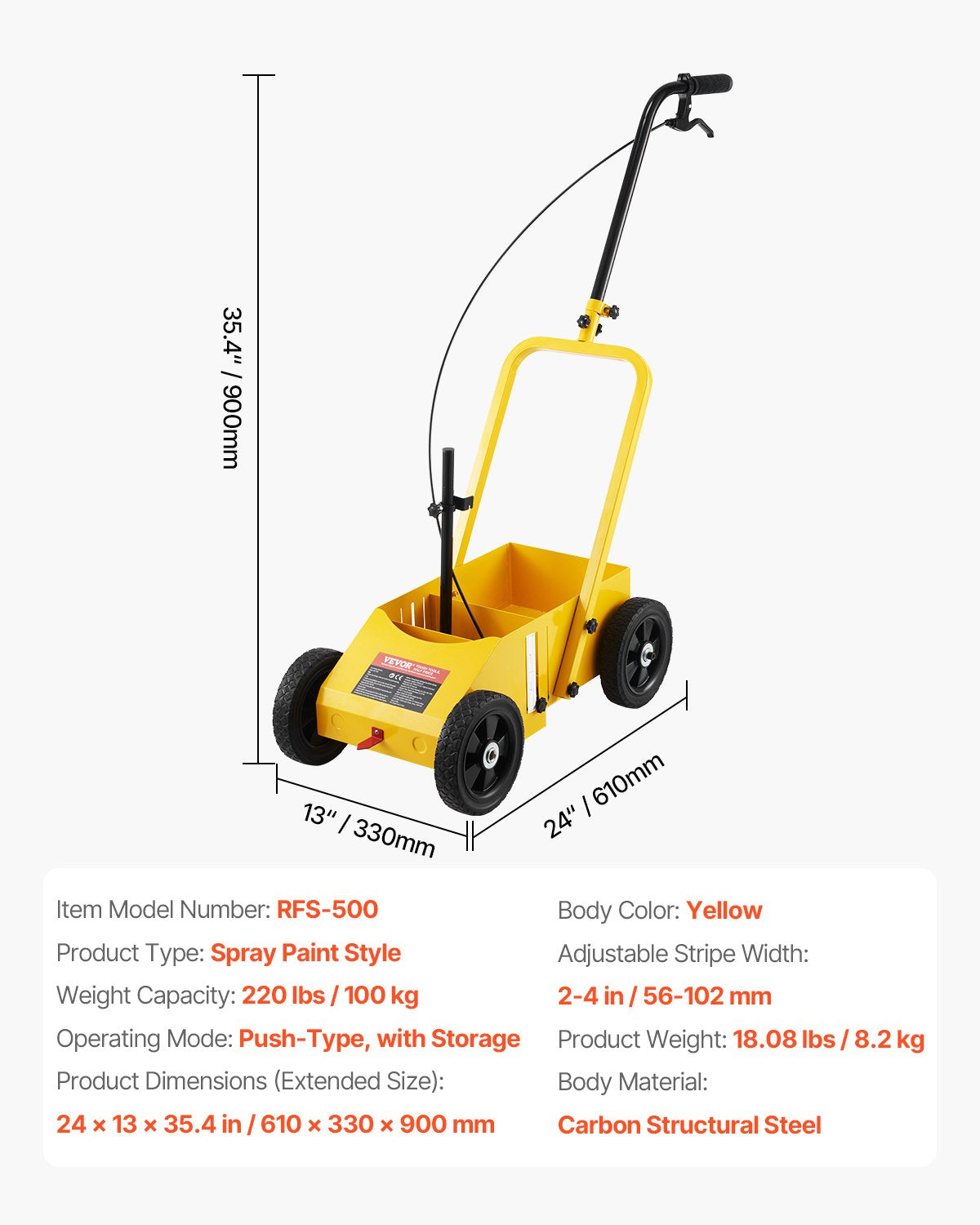 Label Makers: VEVOR Striping Line Marking Machine, 610 x 330 x 900 mm, 4-Wheel, Heavy Duty Striping Line Machine with 56-102 mm Adjustable Width, Make Clear Edge Line for Roads, Parking Lots, Sports Field, Yellow