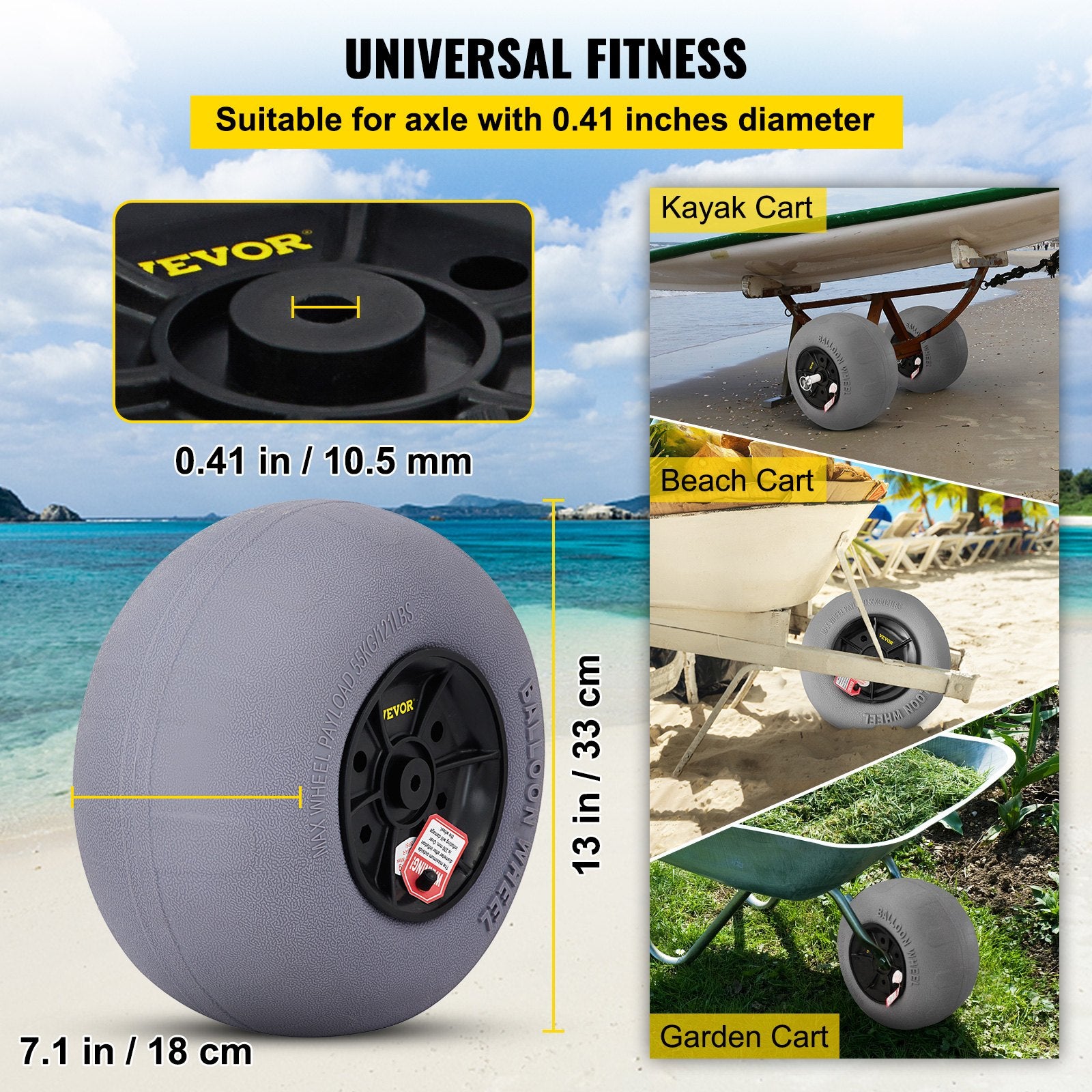 Beach Towels: VEVOR Beach Balloon Wheels, 13" Sand Tires with 32" Stainless Steel Axle, TPU Cart Tires for Kayak Dolly, Canoe Cart and Buggy with Air Pump, 2-Pack
