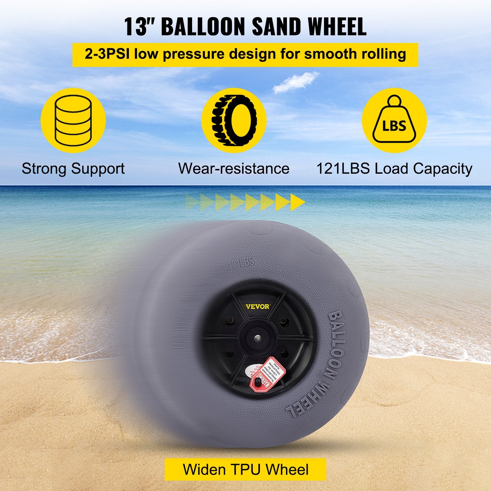 Beach Towels: VEVOR Beach Balloon Wheels, 13" Sand Tires with 32" Stainless Steel Axle, TPU Cart Tires for Kayak Dolly, Canoe Cart and Buggy with Air Pump, 2-Pack