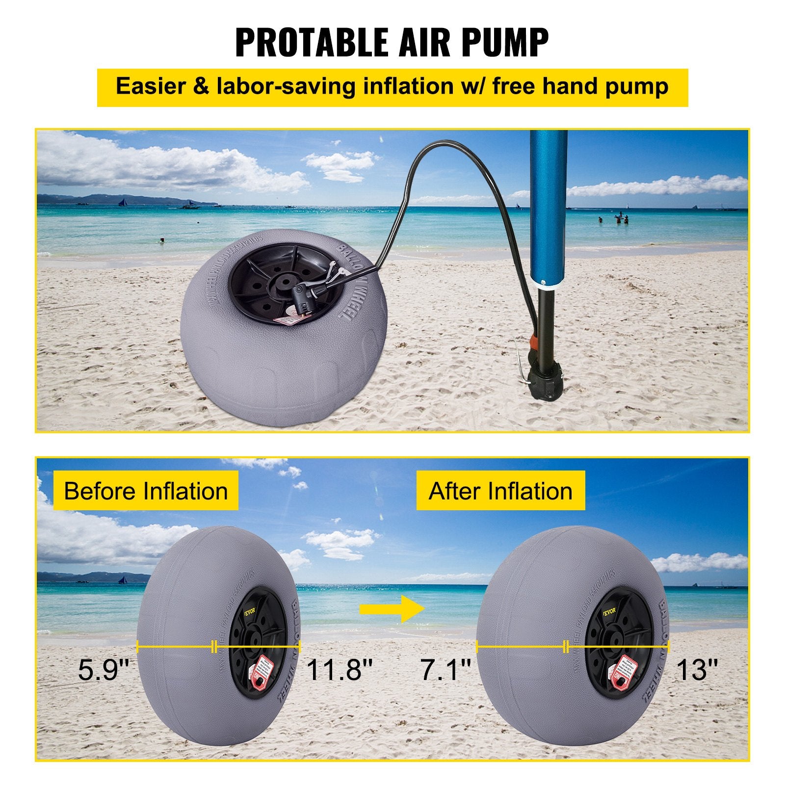 Beach Towels: VEVOR Beach Balloon Wheels, 13" Sand Tires with 32" Stainless Steel Axle, TPU Cart Tires for Kayak Dolly, Canoe Cart and Buggy with Air Pump, 2-Pack
