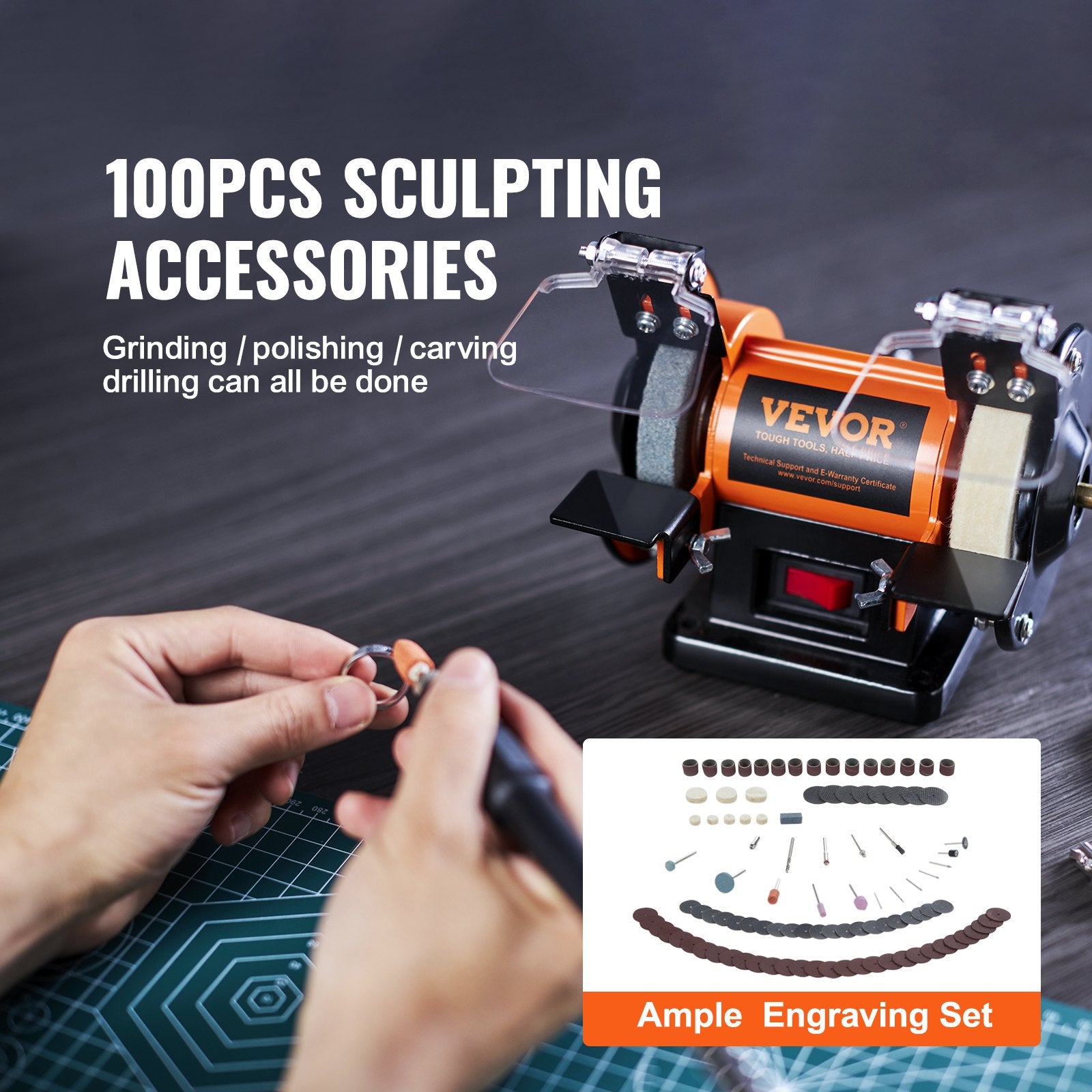 Gardening Tools: VEVOR Jewelry Polisher, Bench Grinder Polishing & Buffing Machine, 3590RPM Bench Lathe Polisher with 1 Wool Wheel & 1 Abrasive Fiber Wheel & 1 Grinding Wheel & 100pcs Tools