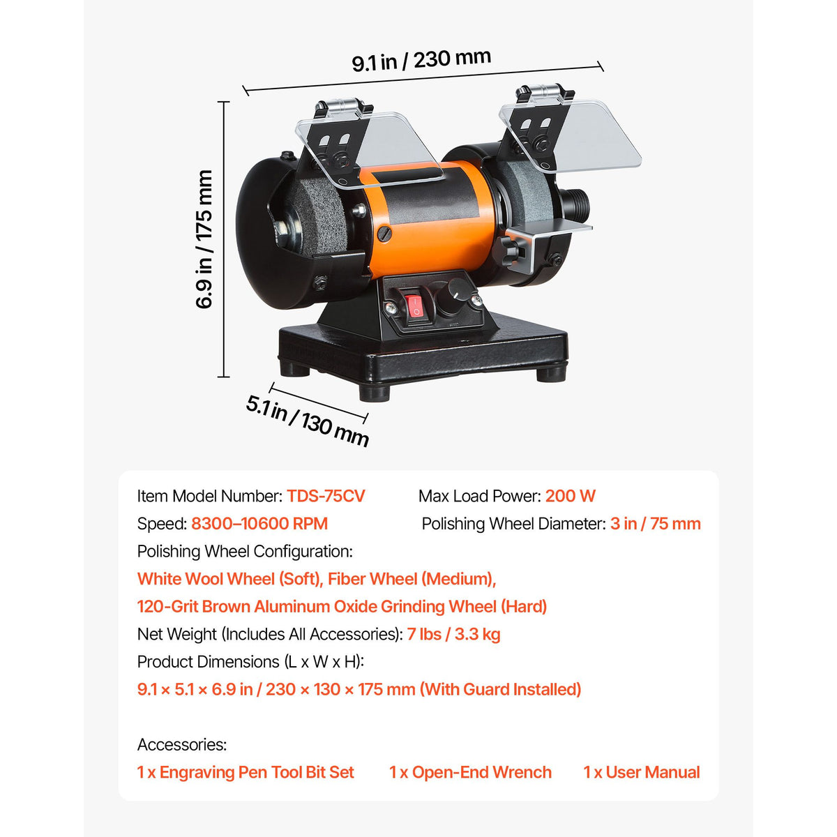 Bench Buffer Polisher, 8300-10600 RPM Adjustable Speed, Polishing & Buffing Machine with Grinding, Fiber, and Wool Wheels, 100-Piece Accessory Kit, for Jewelry, Wood, Metal, Raw Stone, Jade DIY
