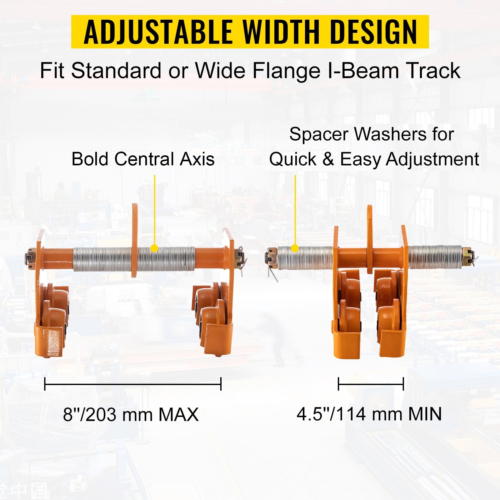 Manual Trolley, 11000LBS/5 Ton Load Capacity Beam Trolley, 4.5-8 inch Adjustable Width Push Beam, Track Roller Trolley Powder Coating with Dual Wheels Garage Hoist for Straight Curved I Beam