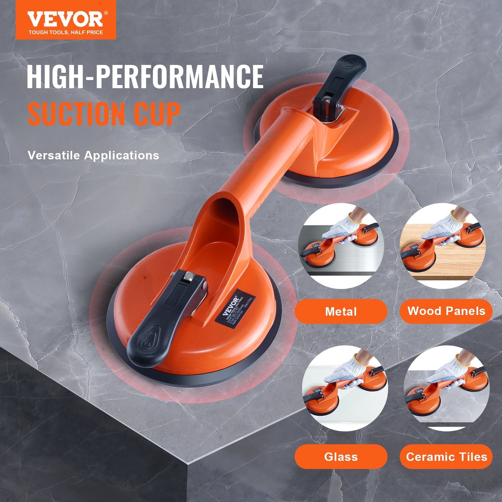 Kitchen & Bathroom DIY: VEVOR Glass Suction Cup, 119 mm 2 Pack 150 kg Load Capacity, Vacuum Suction Cup with Aluminum Handle, Heavy Duty Industrial Suction Cup Lifter Tool for Glass, Granite, Tile, Metal, Wood Panel Lifting
