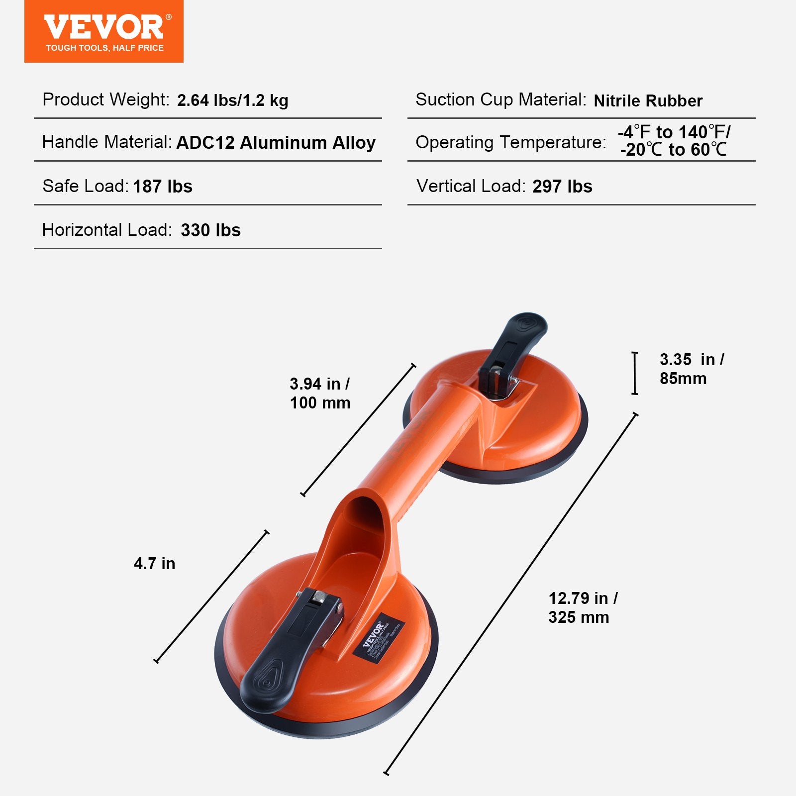 Kitchen & Bathroom DIY: VEVOR Glass Suction Cup, 119 mm 2 Pack 150 kg Load Capacity, Vacuum Suction Cup with Aluminum Handle, Heavy Duty Industrial Suction Cup Lifter Tool for Glass, Granite, Tile, Metal, Wood Panel Lifting