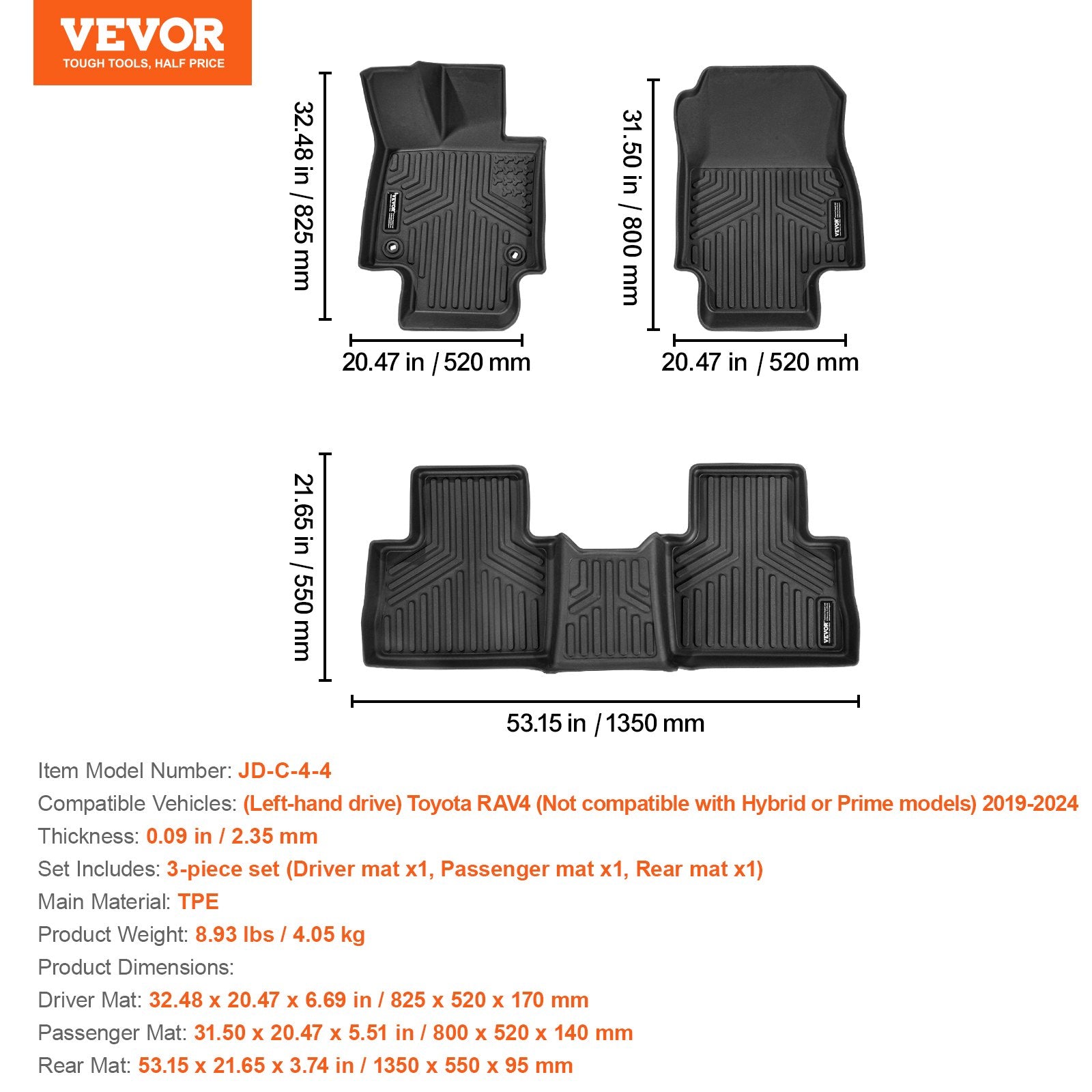 Automotive Decor: VEVOR Automotive Floor Mats Fits Toyota RAV4 (Not for Hybrid or Prime) 2019-2024