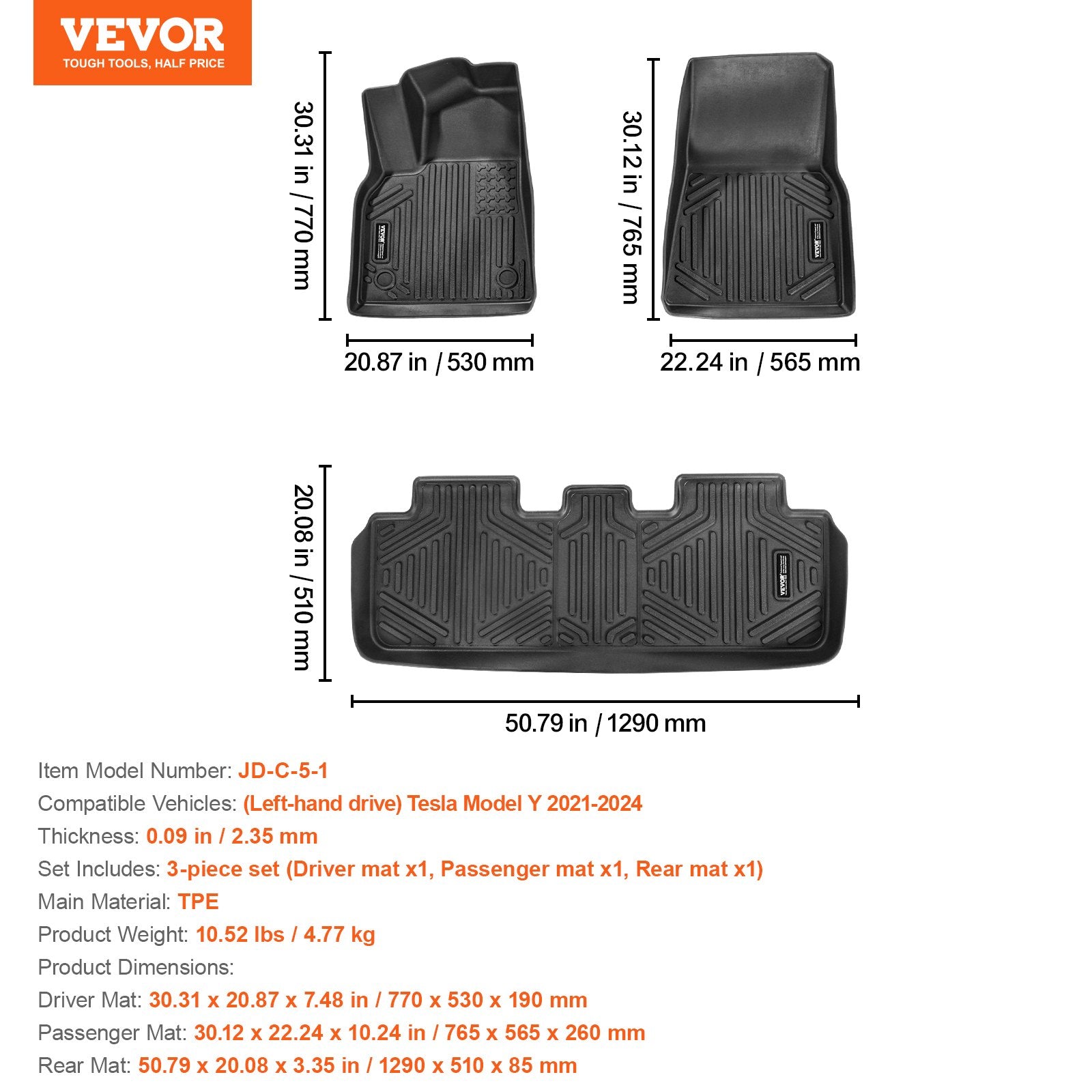 Automotive Decor: VEVOR Automotive Floor Mats Fits for Tesla Model Y 2021-2024 3 pcs TPE Liners